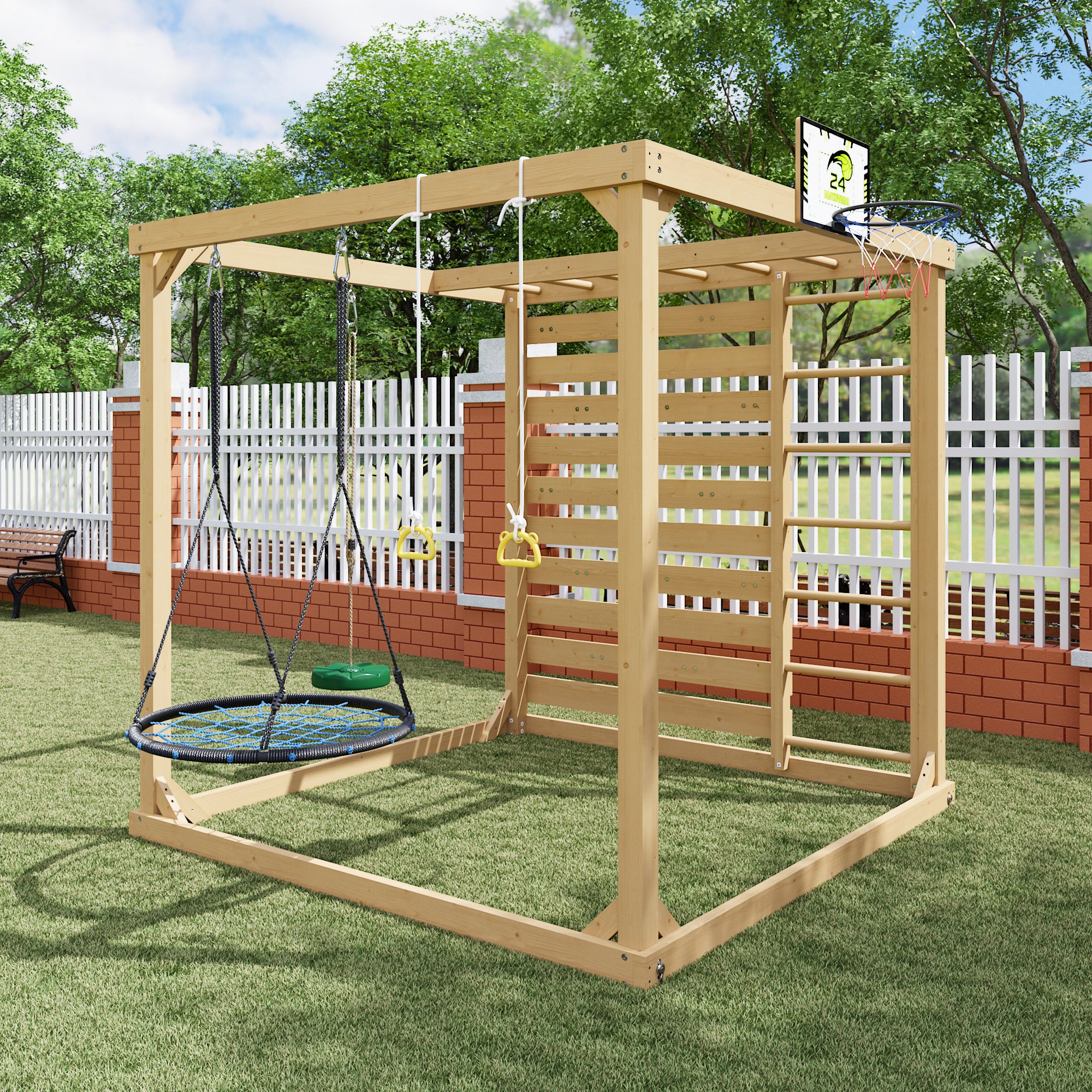 Wooden playset structure with swings and a climbing wall in a backyard setting
