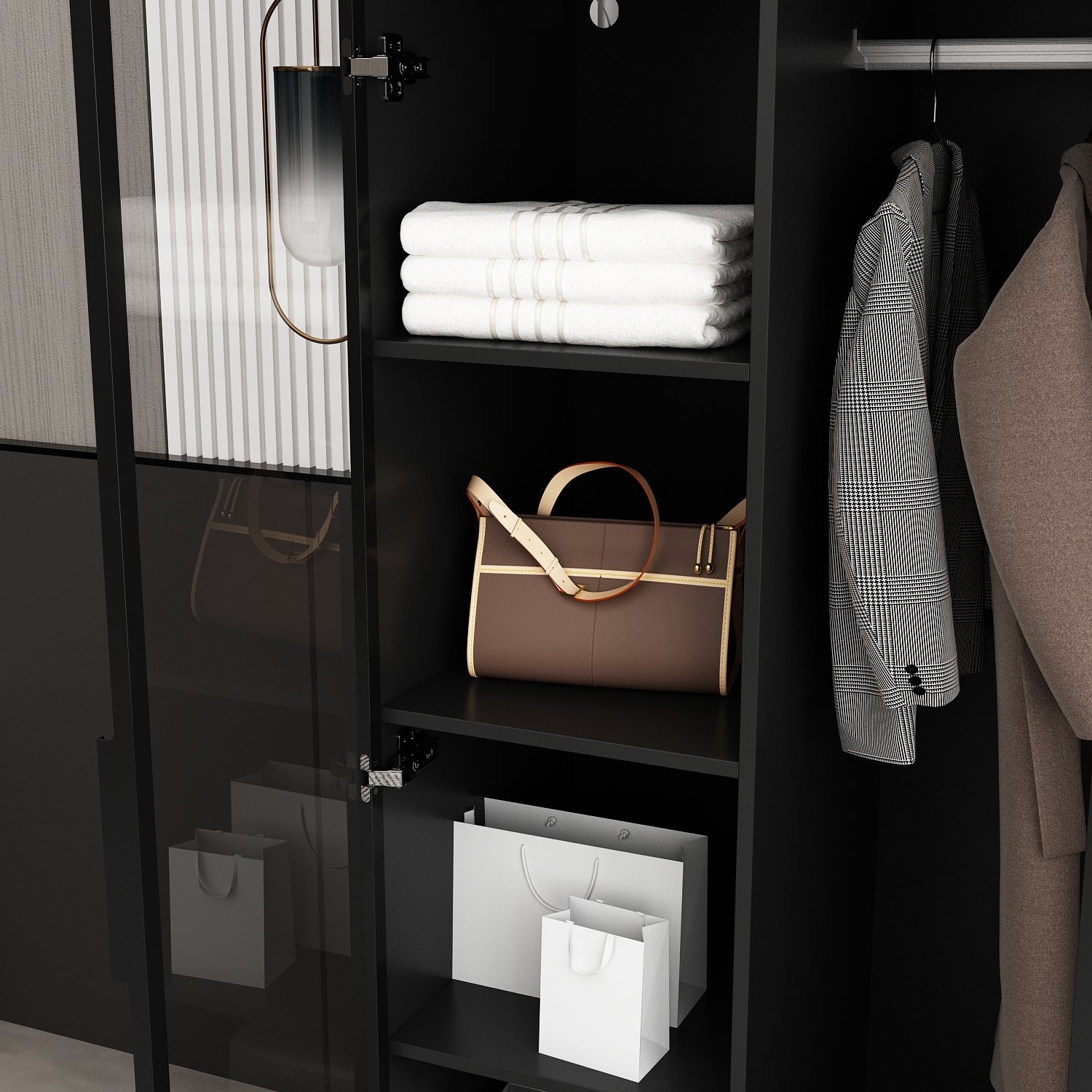 Elegant Black Wardrobe with LED Lighting and Tempered Glass Doors