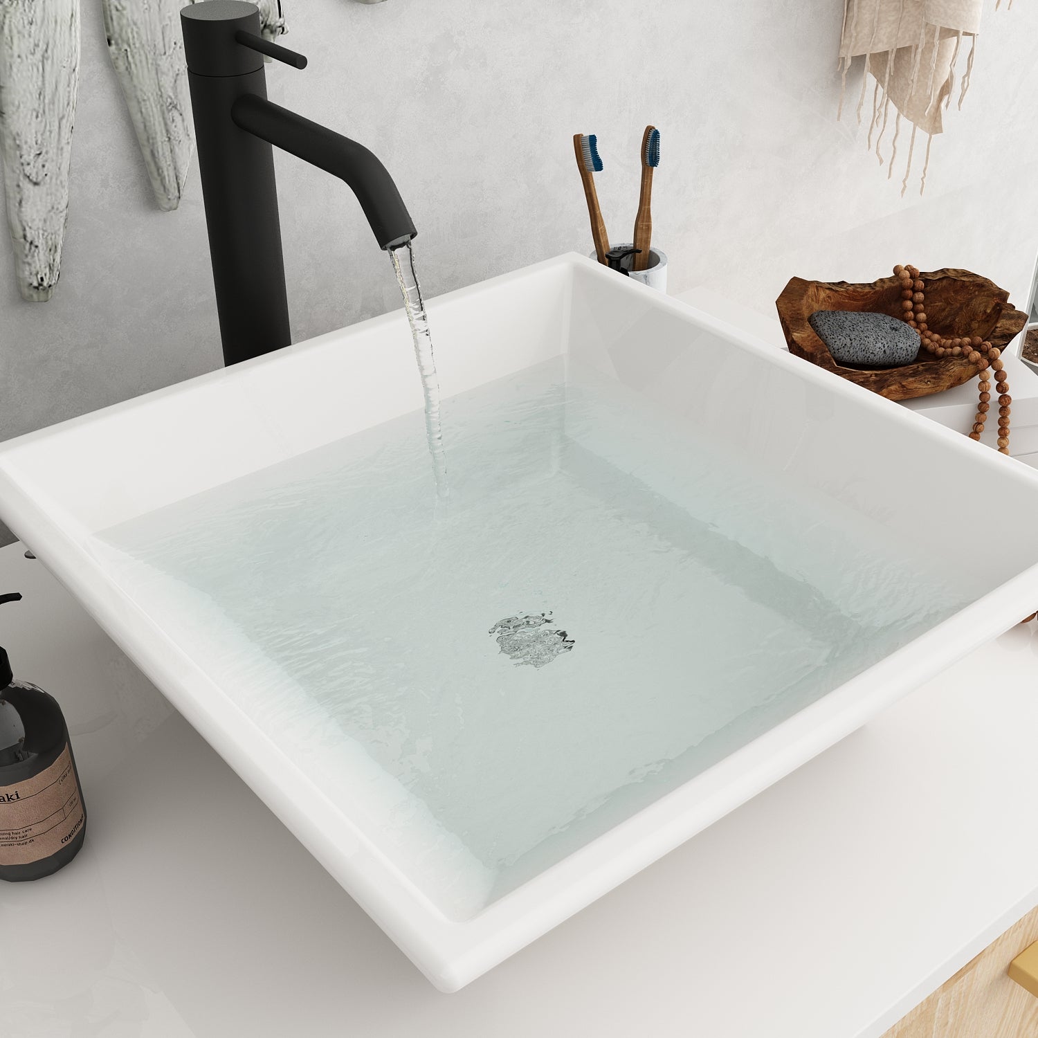 Modern Bathroom Vanity Cabinet with White Stone Vessel Sink