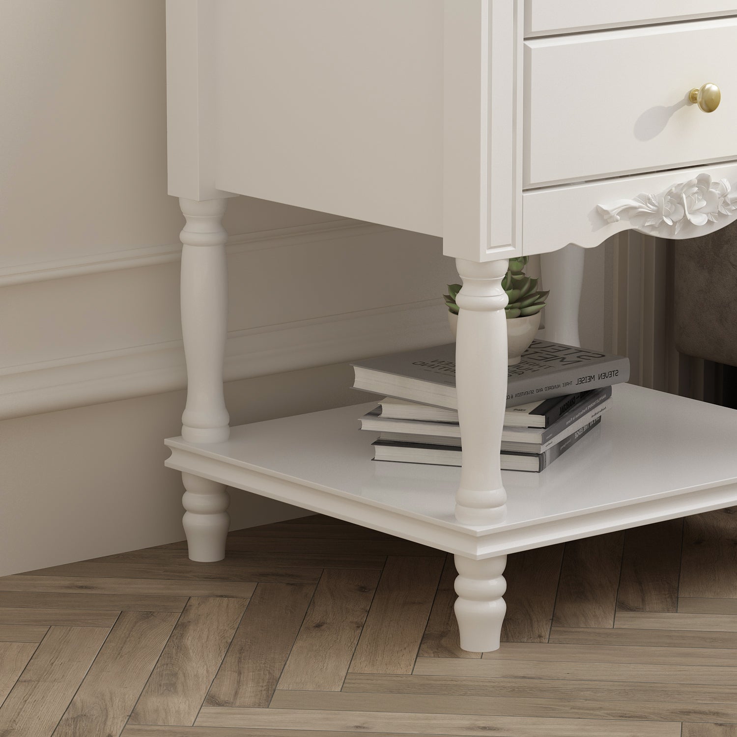 End Table Side Table Bedroom Night Stand Bedside Embossed Table with 2 Drawers & Open Shelf