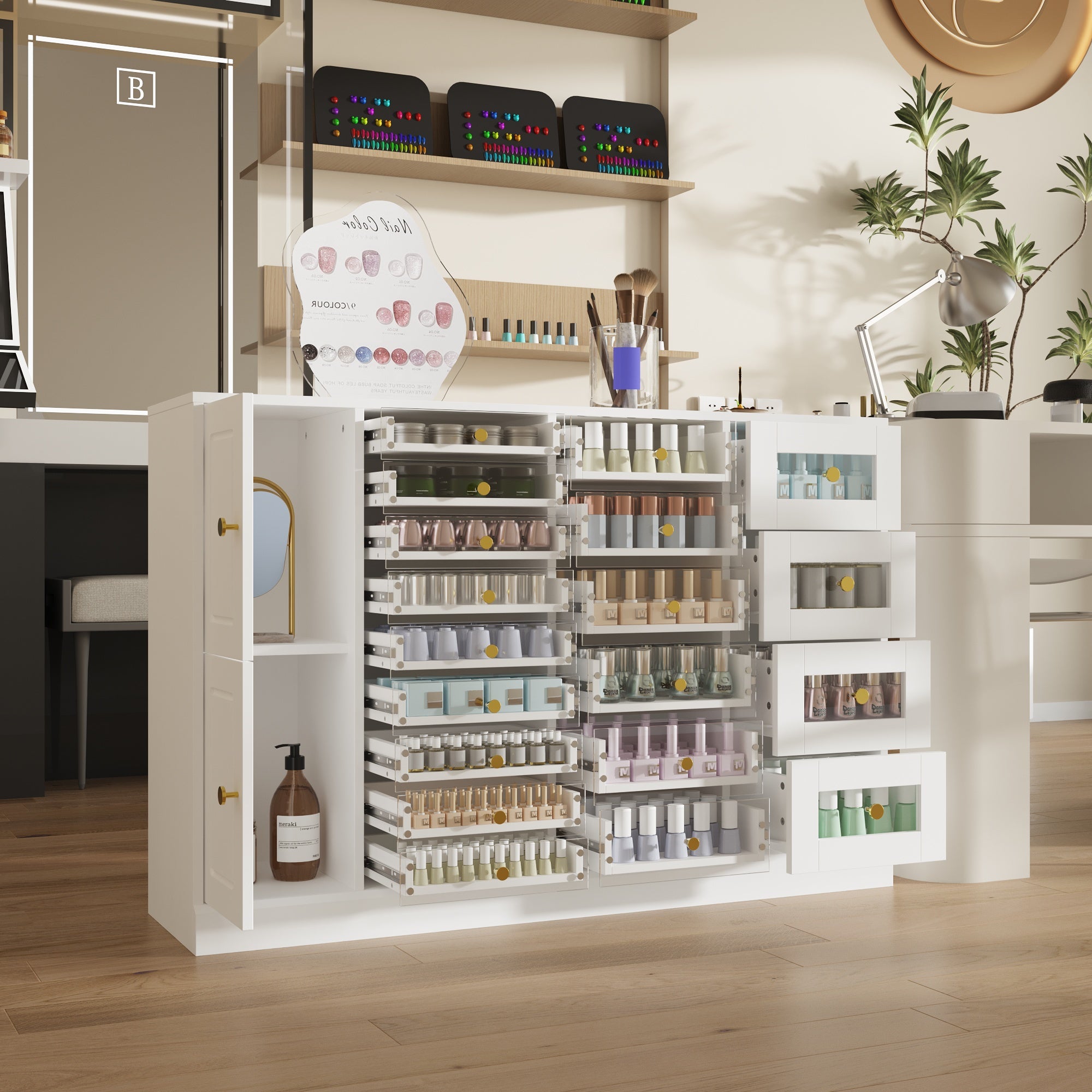 White nail polish storage cabinet with clear drawers, shelves, and side cabinet door