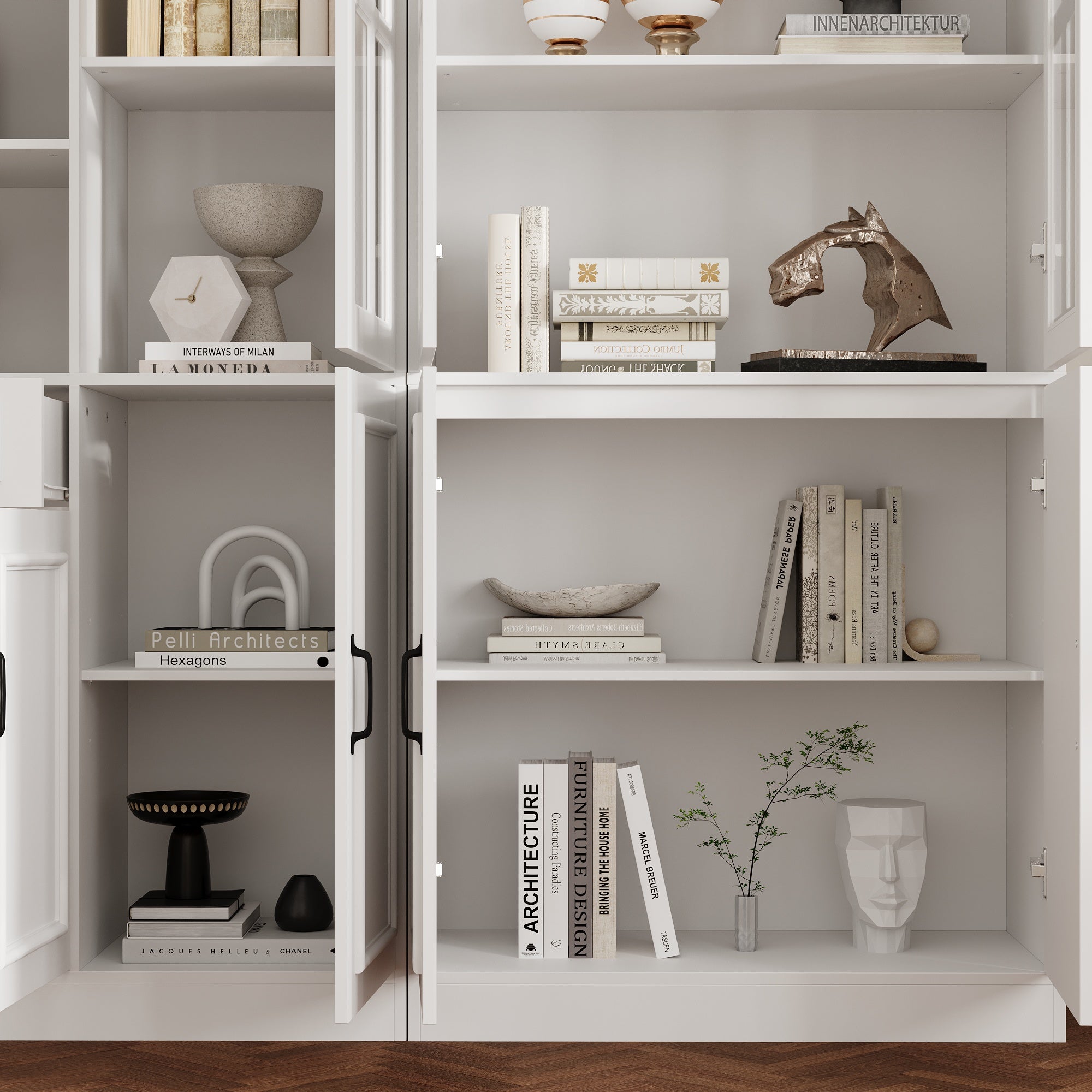 White bookcase set with glass doors, lower cabinets, and center open shelves