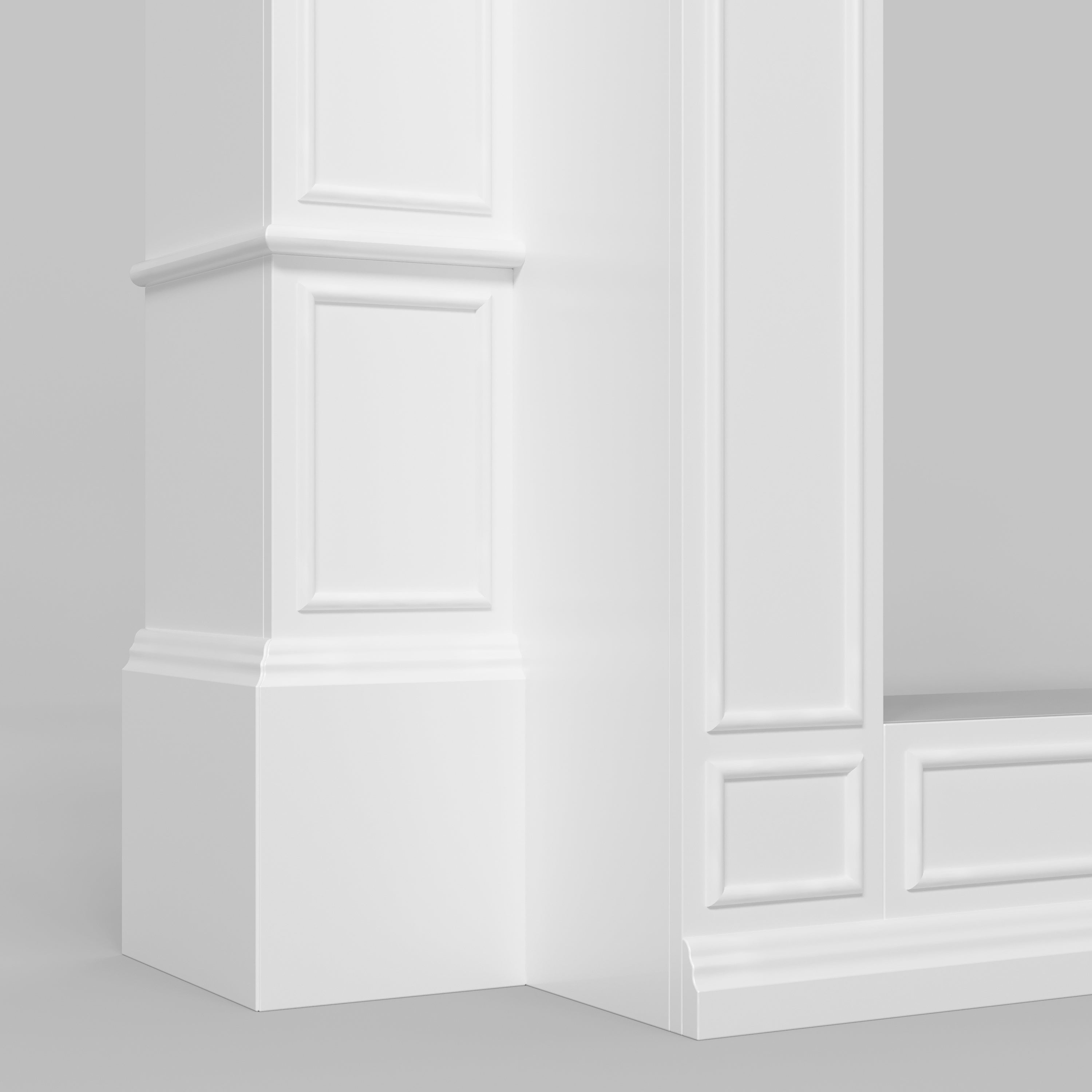 White paneled wall with decorative molding on a gray background