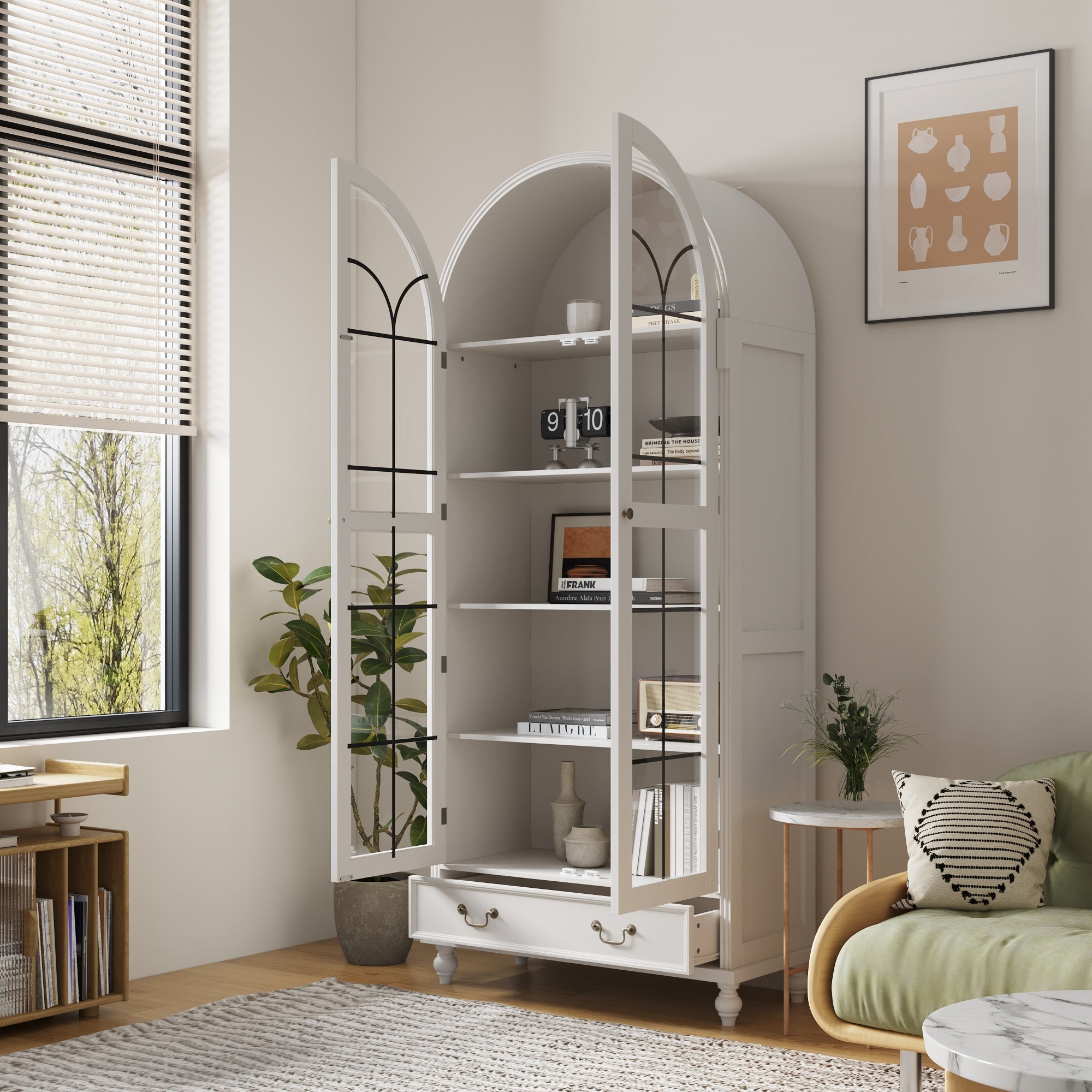 77'' H 2-Drawer Arched 5-Tier Bookcase Display Cabinet With Glass Doors