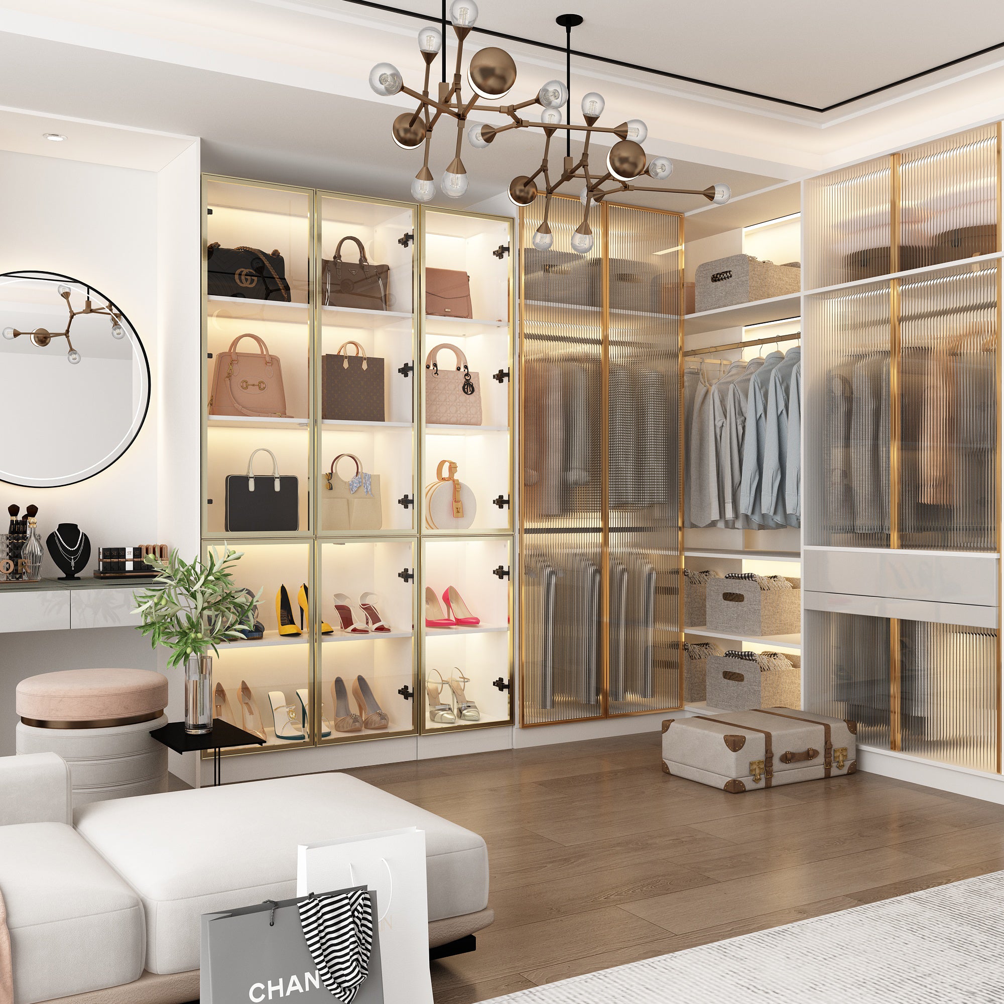 78.7'' H x 63'' W Bookcase with Glass Doors & 3-Color Changing Lights