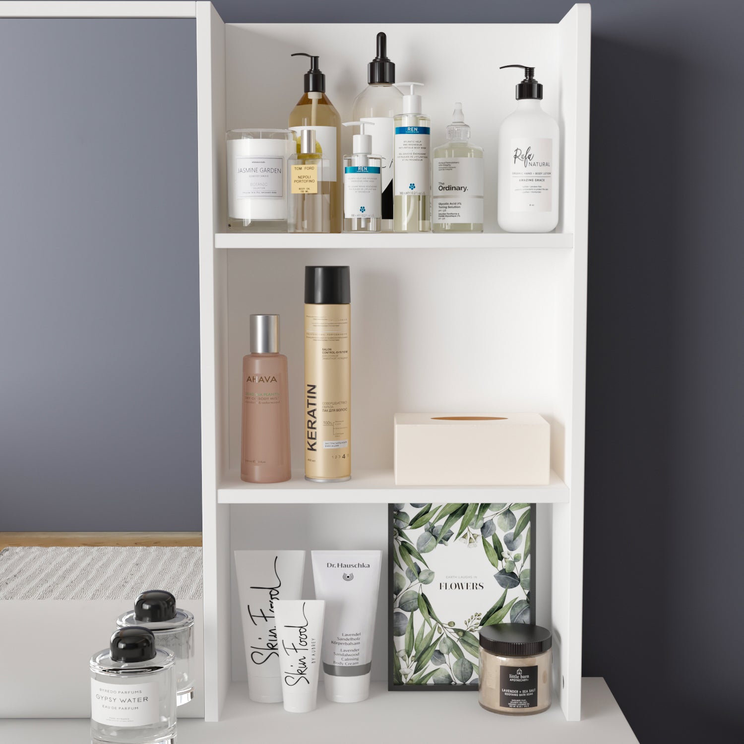 Makeup Vanity Set with Cushioned Stool, 5 Drawers & Shelves