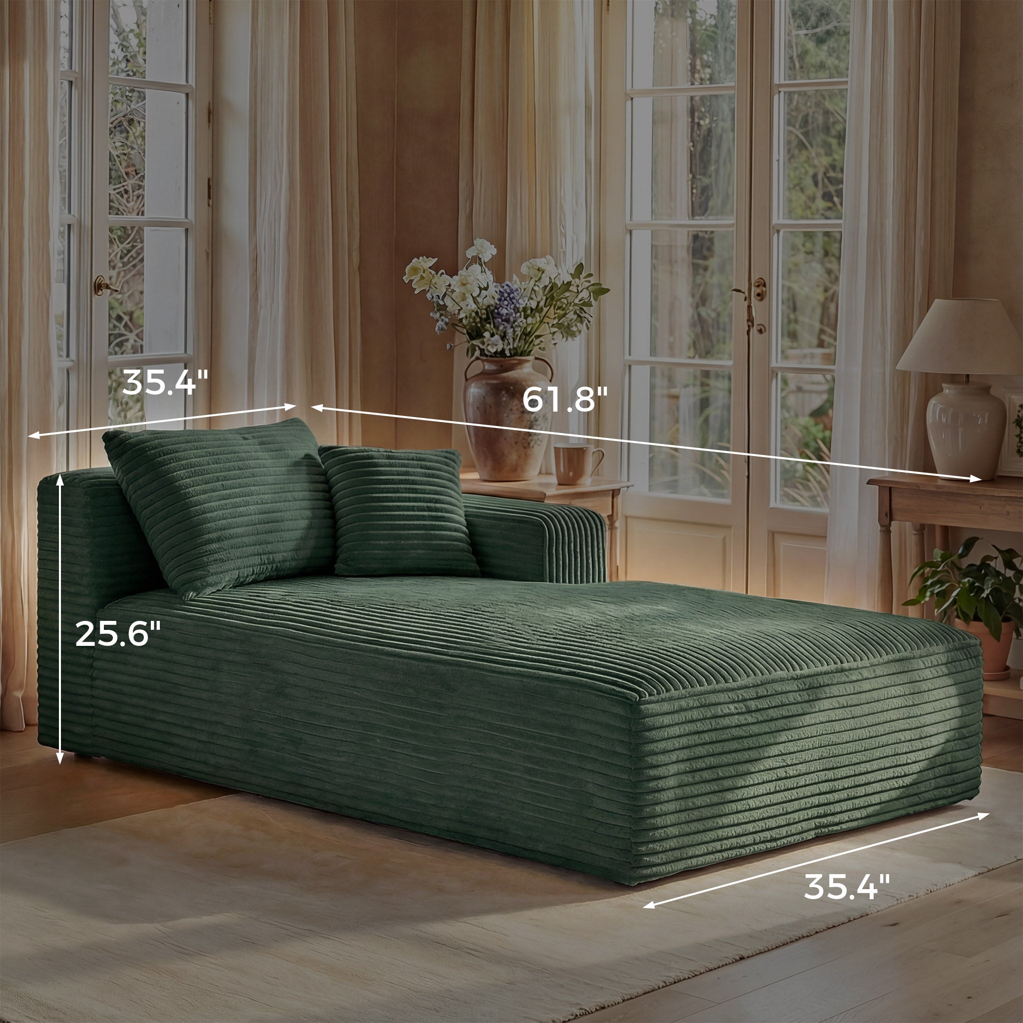 Upholstered Arm Sofa Chaise With Two Pillows