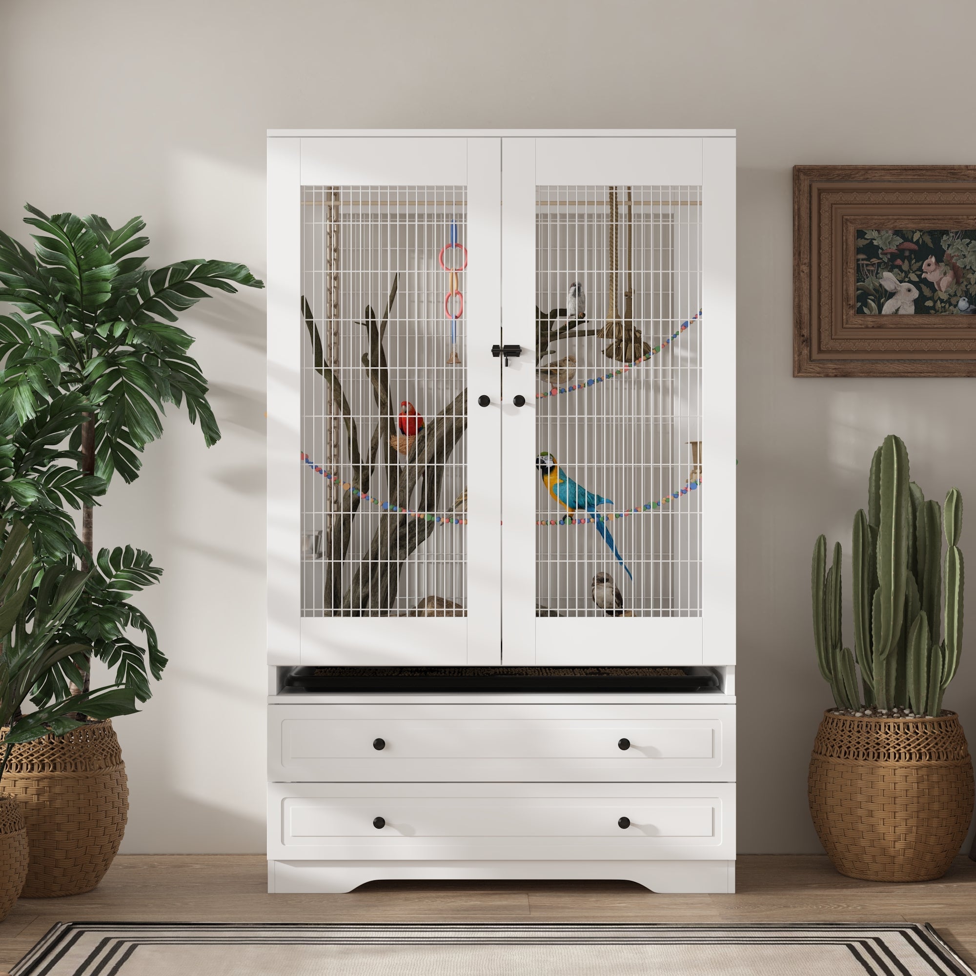 38.5 inches Modern White Large Floor Bird Cage with Removable Tray and Storage Drawers