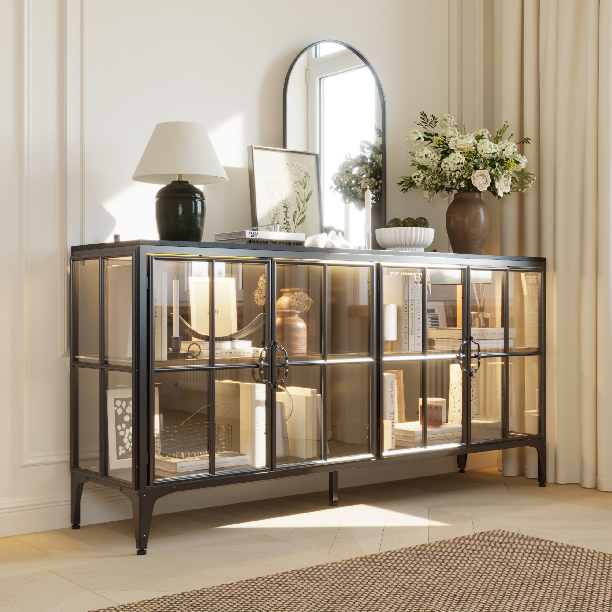 63 inch Modern Brown Sideboard Buffet Cabinet with 4 Doors and Gold Accents