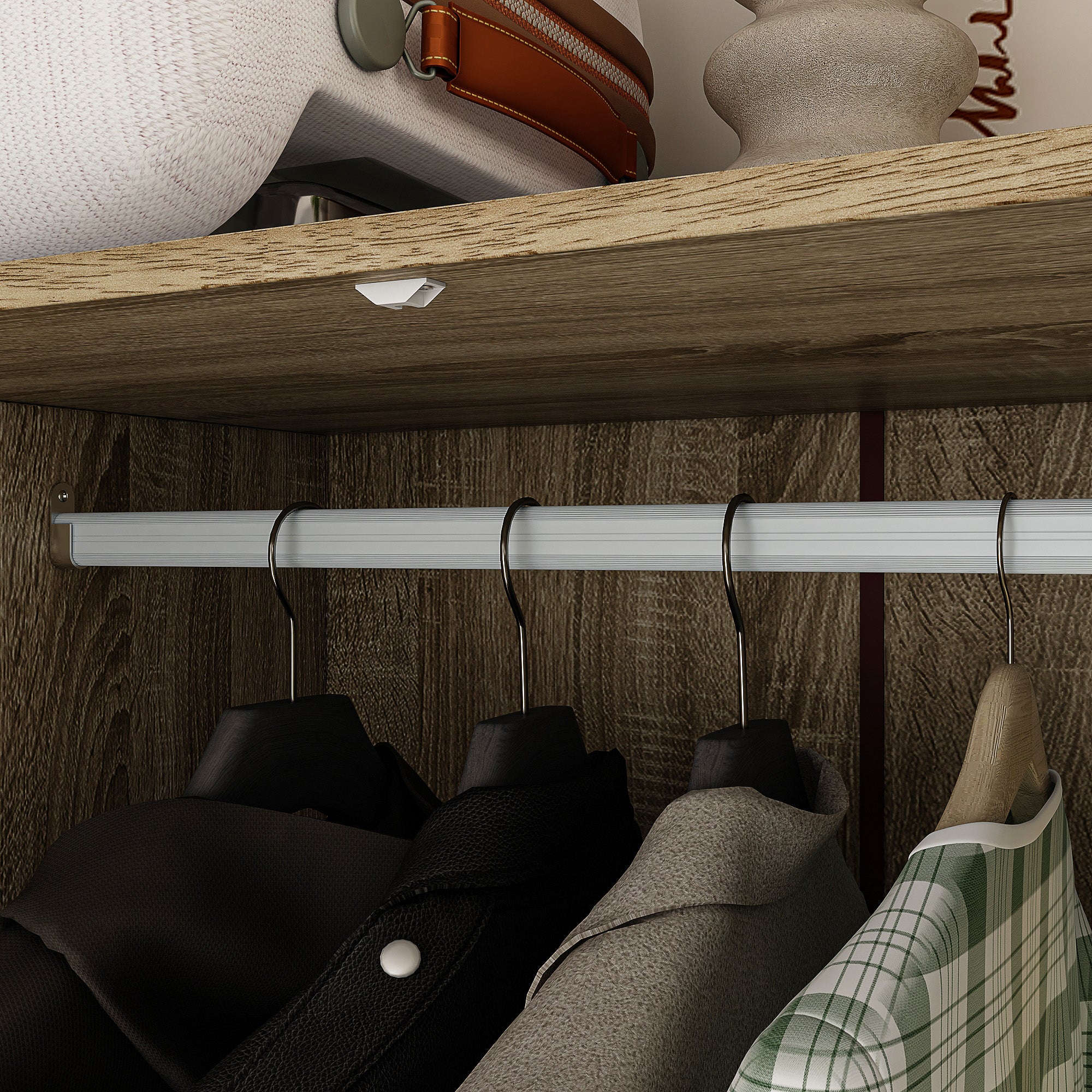 Rustic Four-Door Wardrobe With Rattan Paneling And Six-Drawer Storage