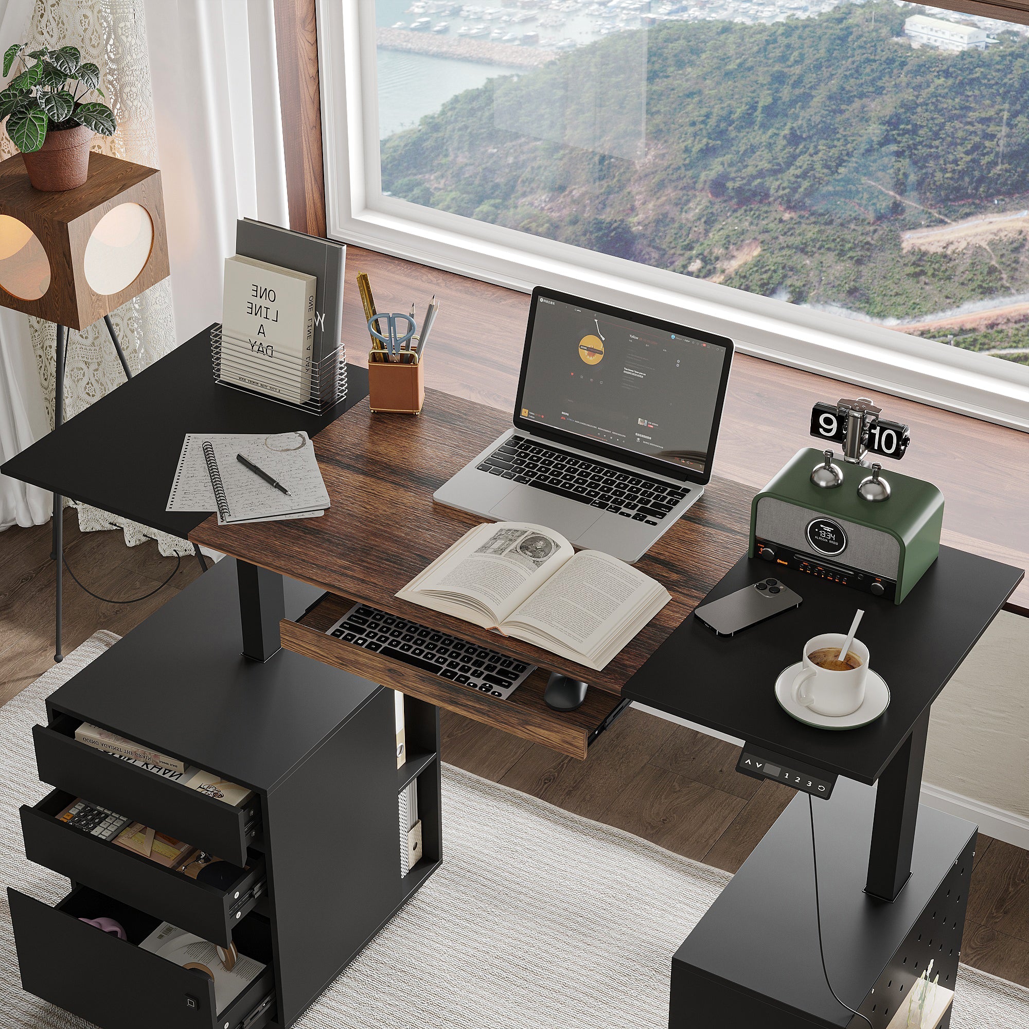 Modern Electric Height Adjustable Desk With Dual Storage Modules And Pegboard Organizer