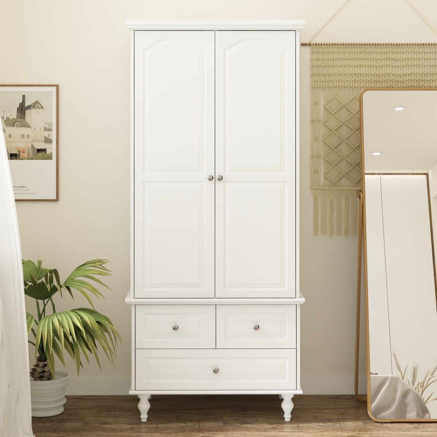 White Wardrobe Bedroom Storage Cabinet Armoire with 3 Drawers, image size:1500x1500