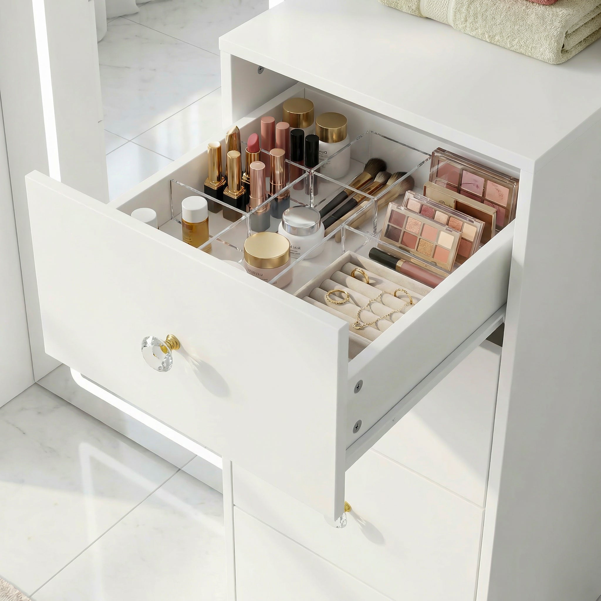 White makeup vanity with full-length LED mirror, side shelves, and drawer storage