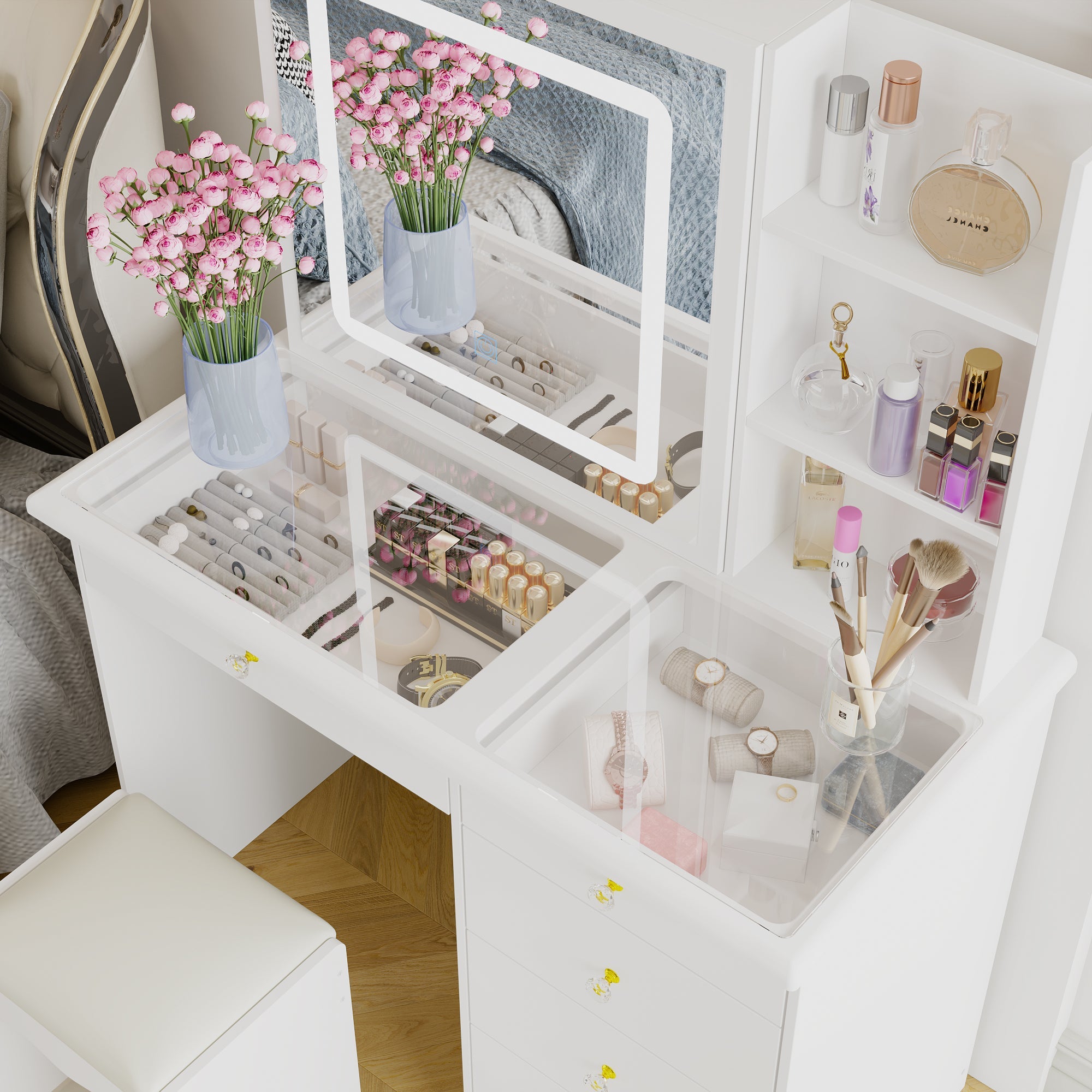 Vanity Desk Makeup Table Large Sliding Lighted Mirror Dressing Table