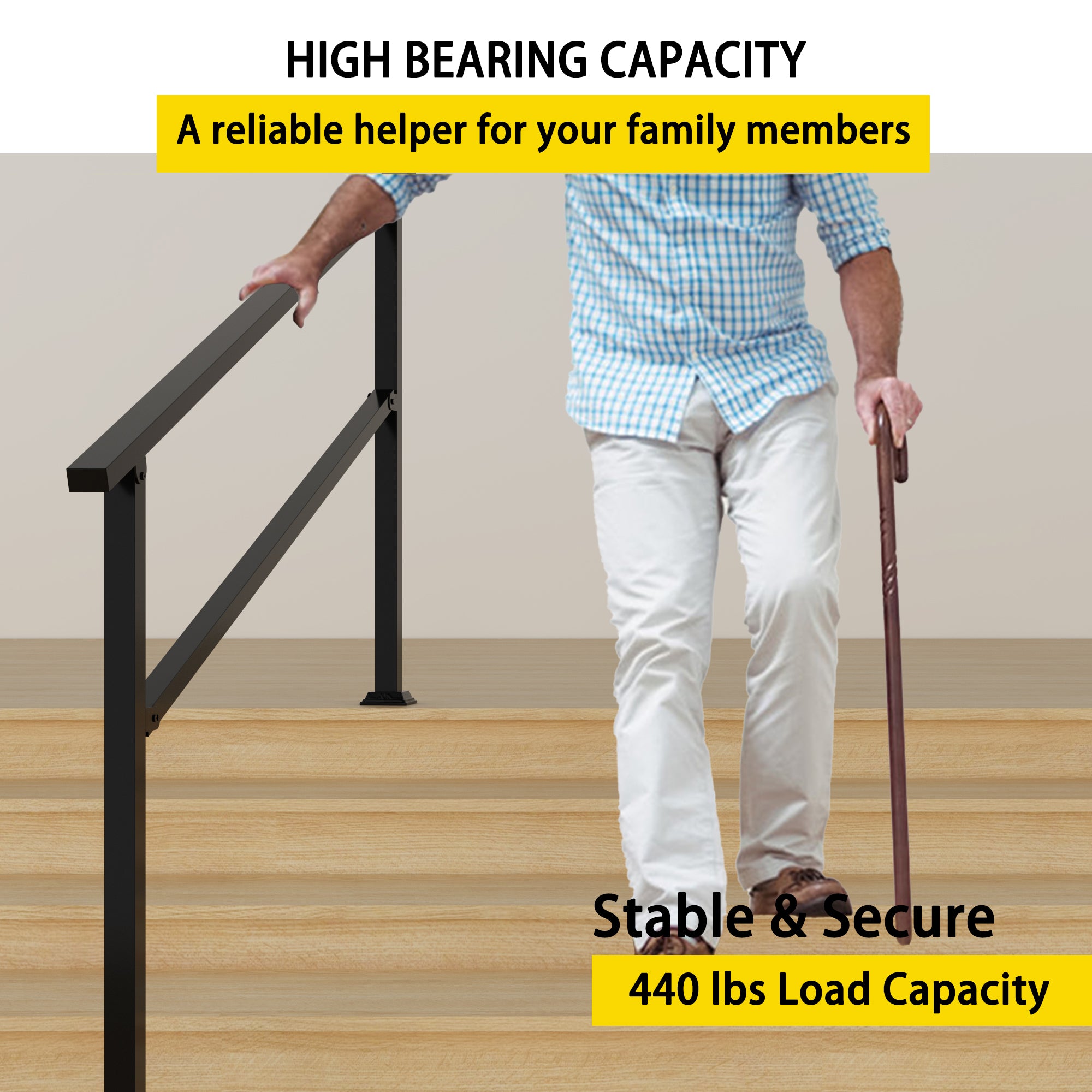 68.5 inch Minimalist Satin Black Stair Banister with Adjustable Angle