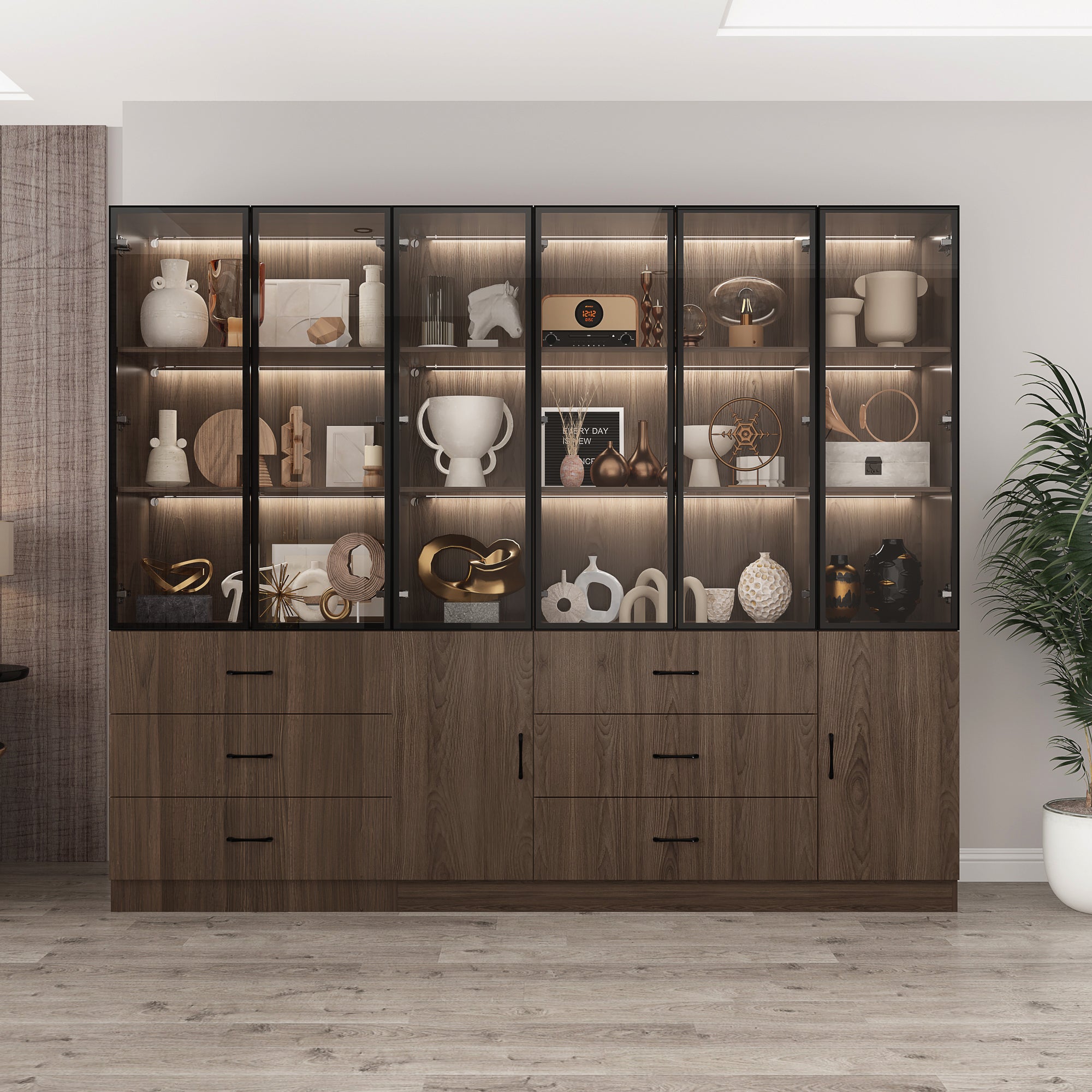 94.4" Wide Glass Door & LED Lights Display Case Curio Cabinet