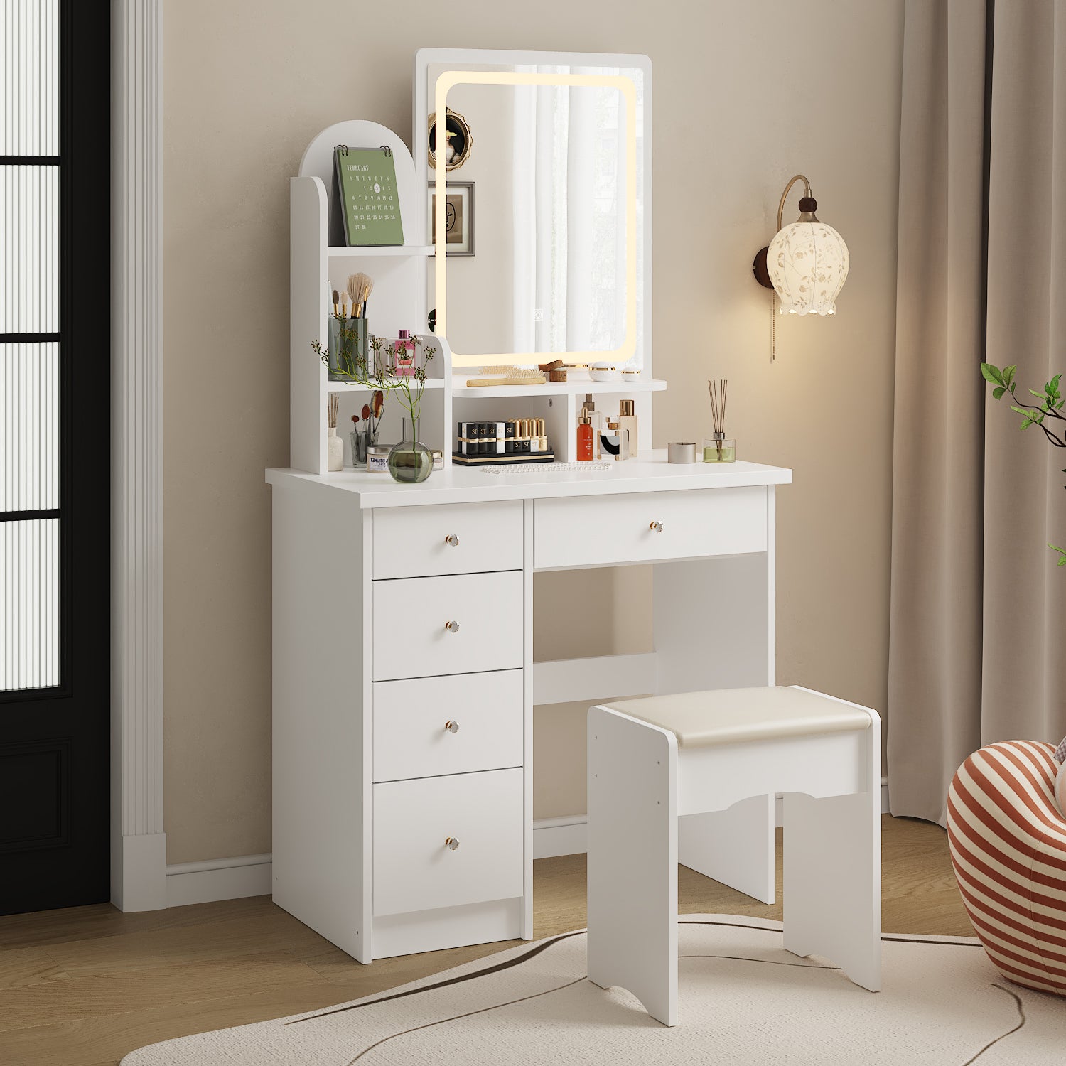 Modern Vanity Desk With LED Mirror, 5 Drawers, Shelves And Matching Stool, Makeup Dressing Table