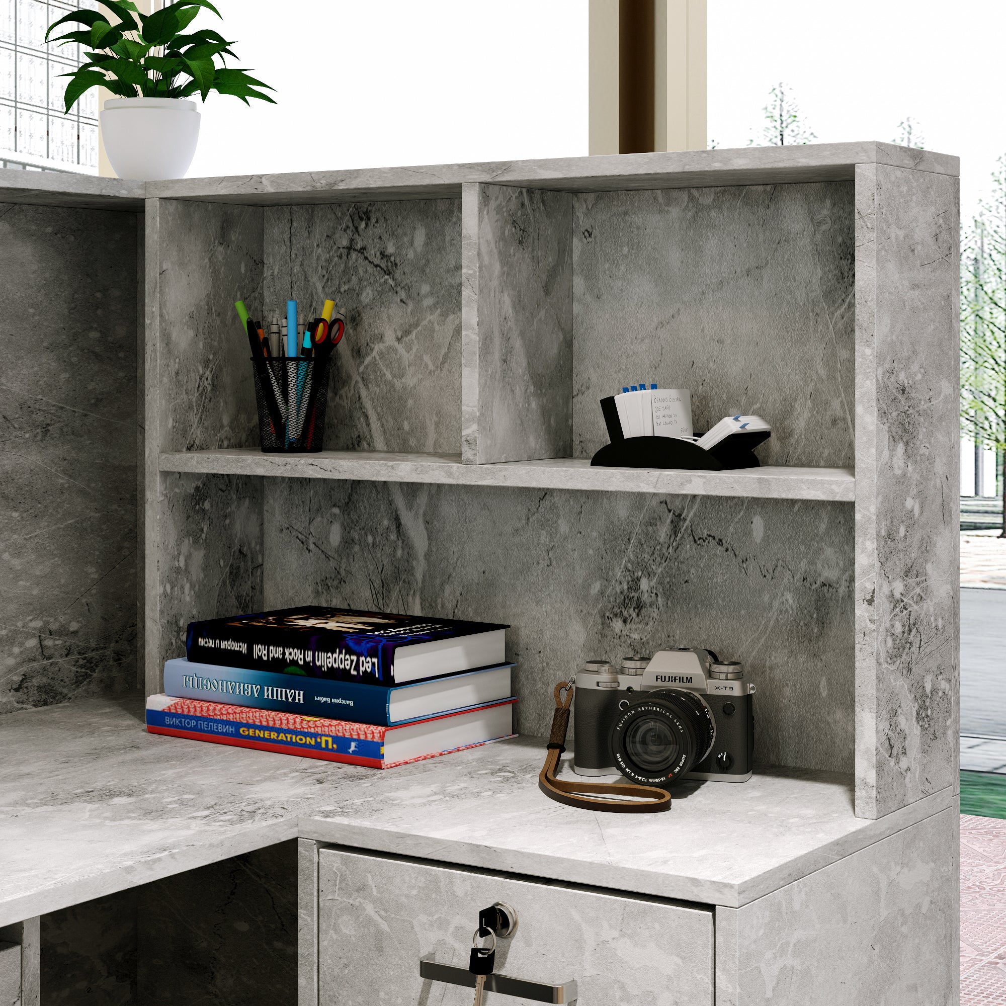 L-Shaped Reception Desk with Large Storage Filing Cabinets