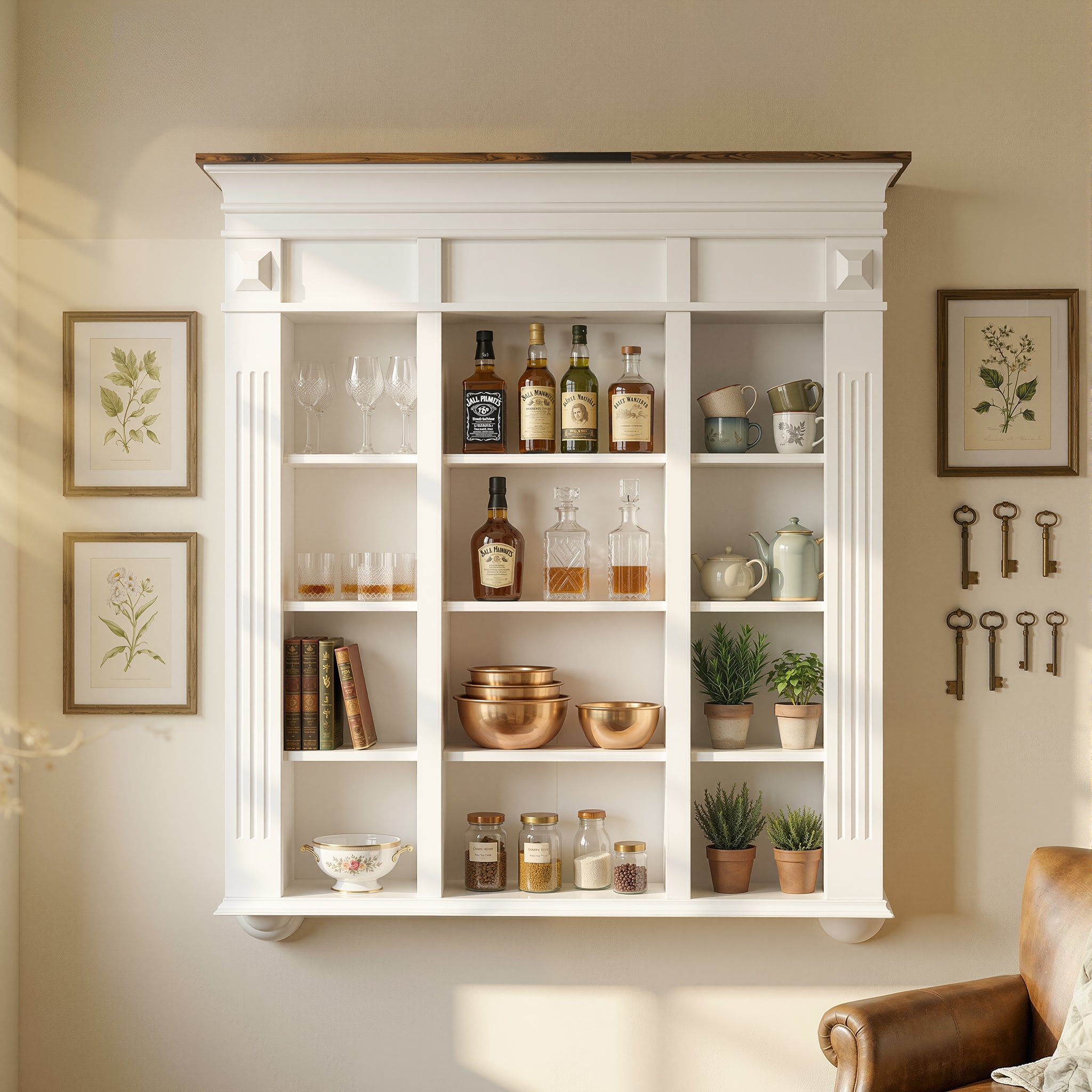 47.2 inches White Wall Mount Display Cabinet with Rustic Wood Top & 12 Open Compartments for Glassware Collectibles