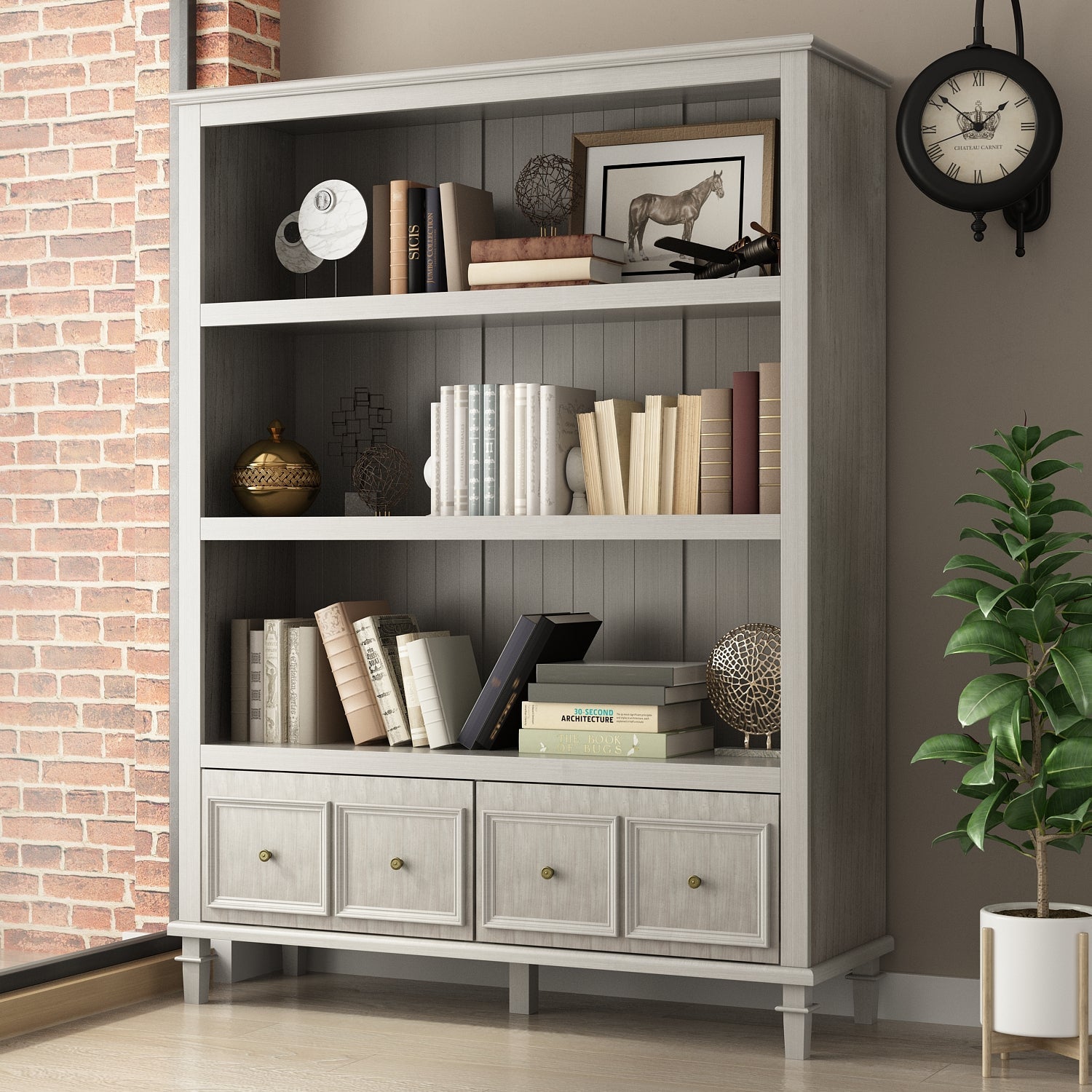 Bookshelf Cabinet Large Grey Sideboard with 3-Tier Open Shelf & 2 Drawers