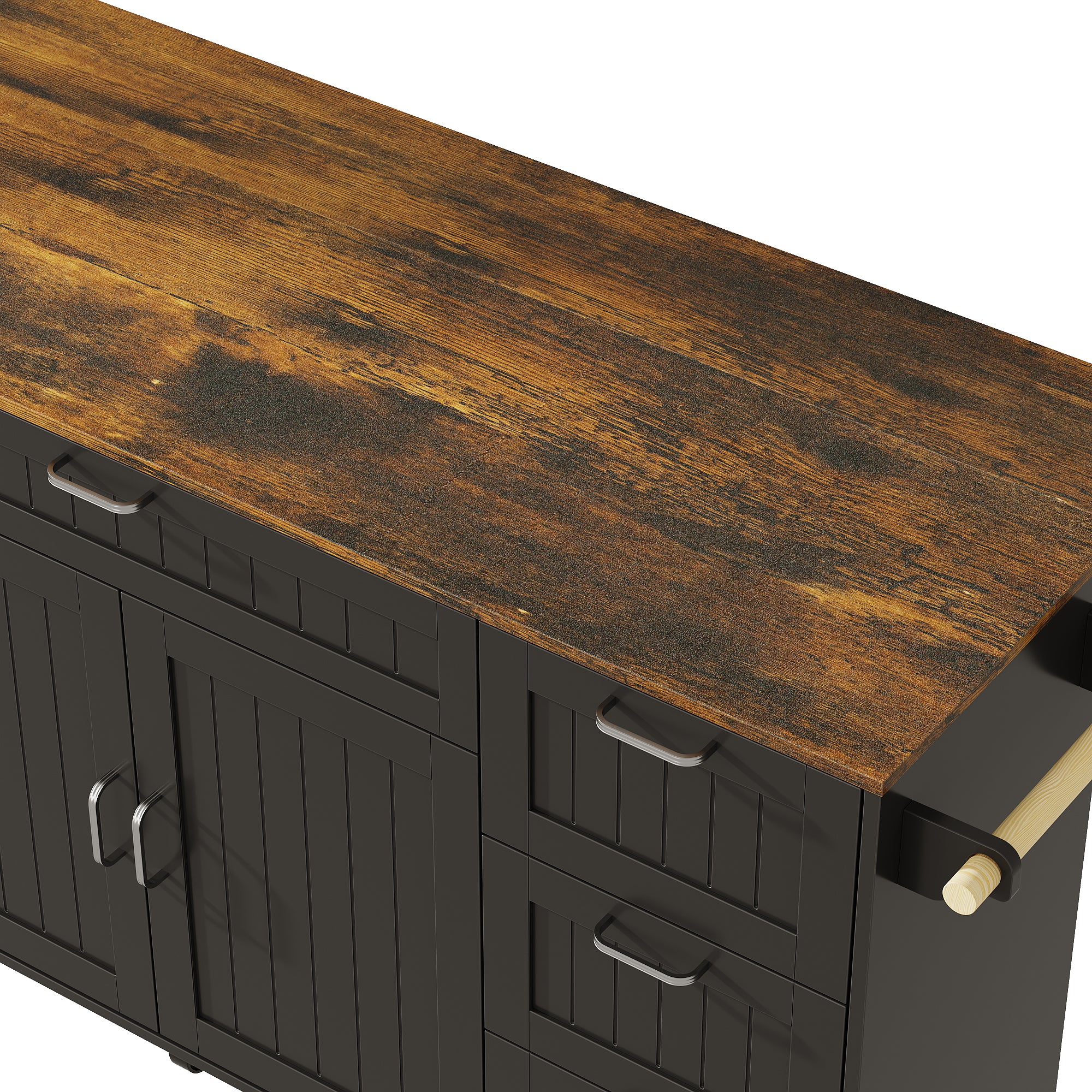 Black kitchen island with wood top, drawers, cabinet doors, towel bar, and wheels