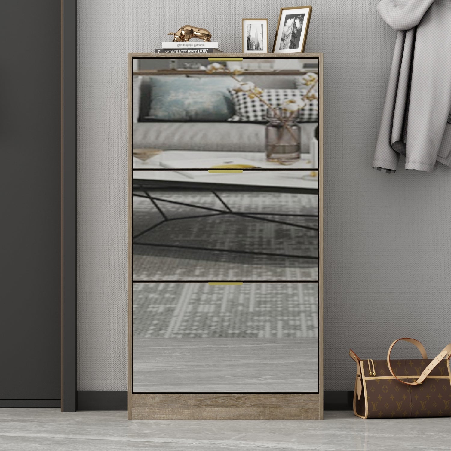 Entryway Shoe Storage Cabinet with 3 Flip Drawers Wood Shoe Cabinet Shoe Organizer with Mirrored Front