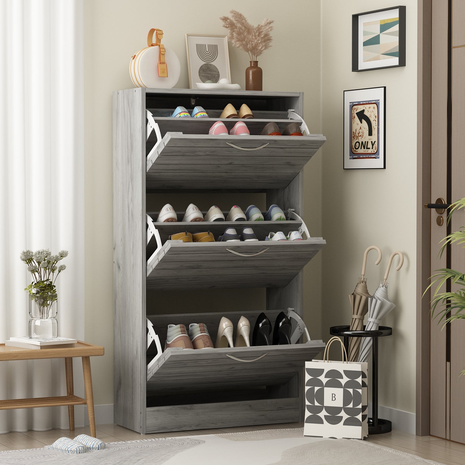 Farmhouse Shoe Cabinet 3 Flip Doors Shoe Organizer for Hallway Entryway