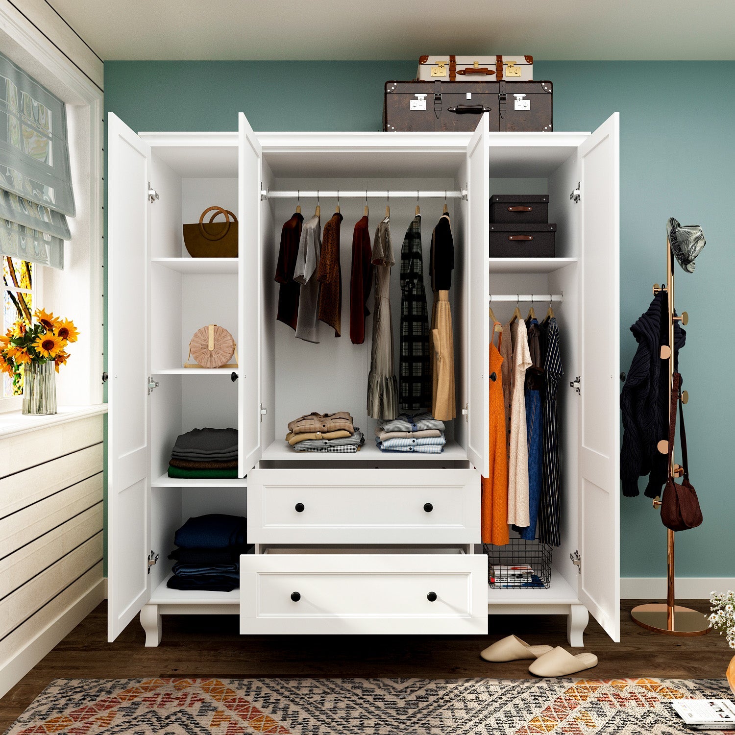 Wardrobe Armoire Garment Rack Closet with Storage Shelves and Drawers in White Finish for Bedroom