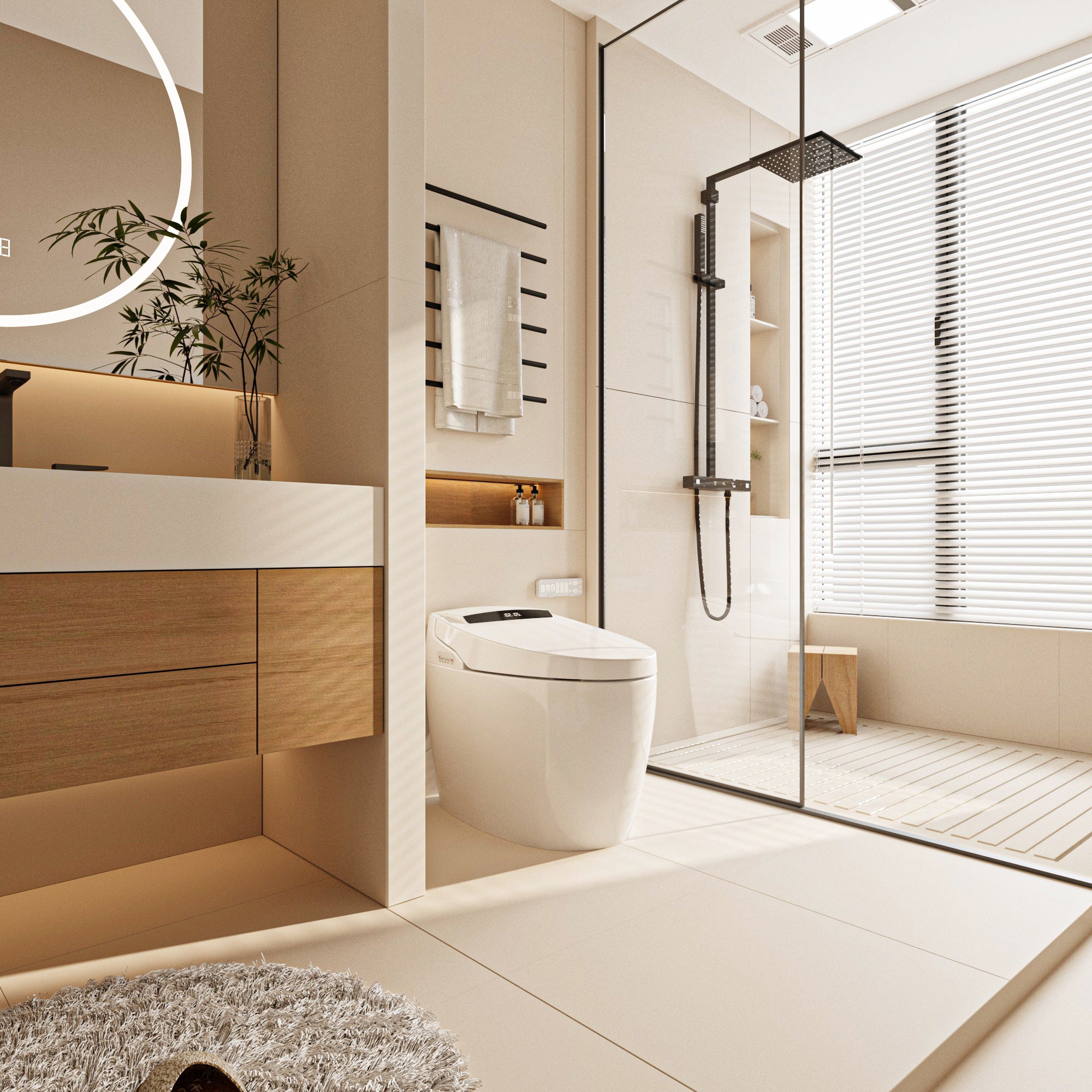 White smart toilet with closed lid, digital display, and built-in bidet
