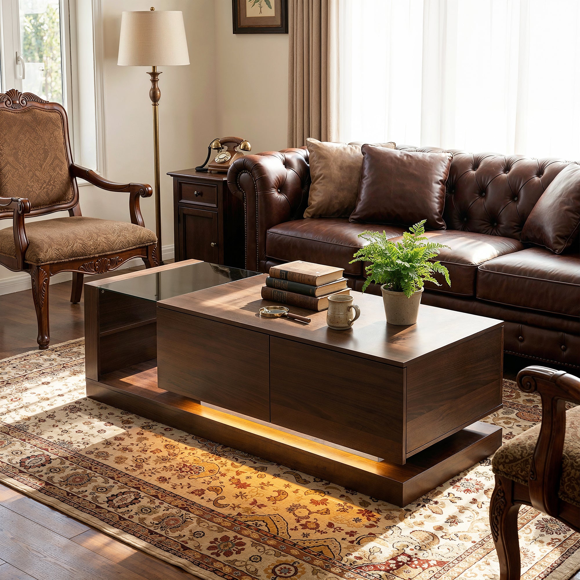Modern Brown Coffee Table with Ambient Lighting