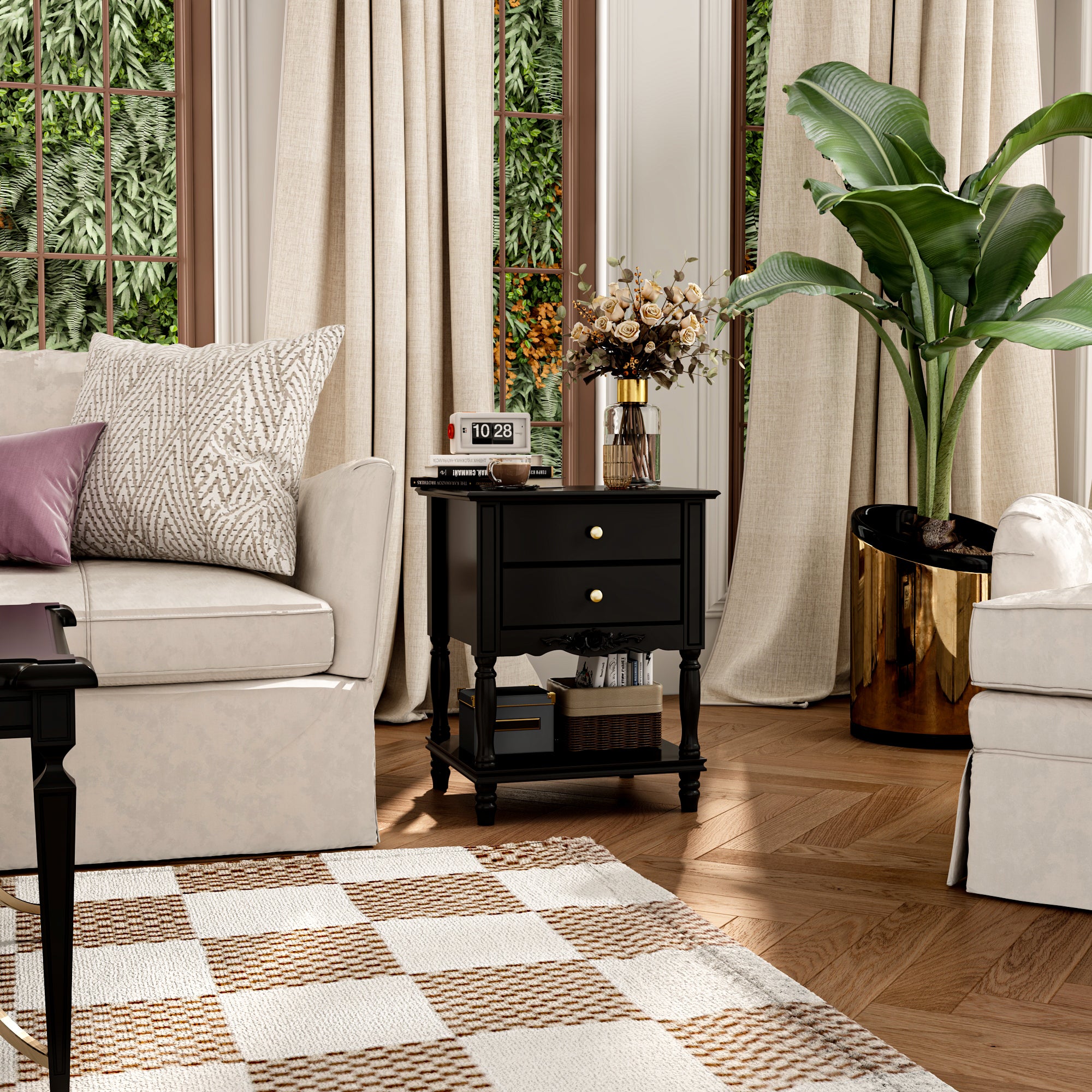 End Table Side Table Bedroom Night Stand Bedside Embossed Table with 2 Drawers & Open Shelf