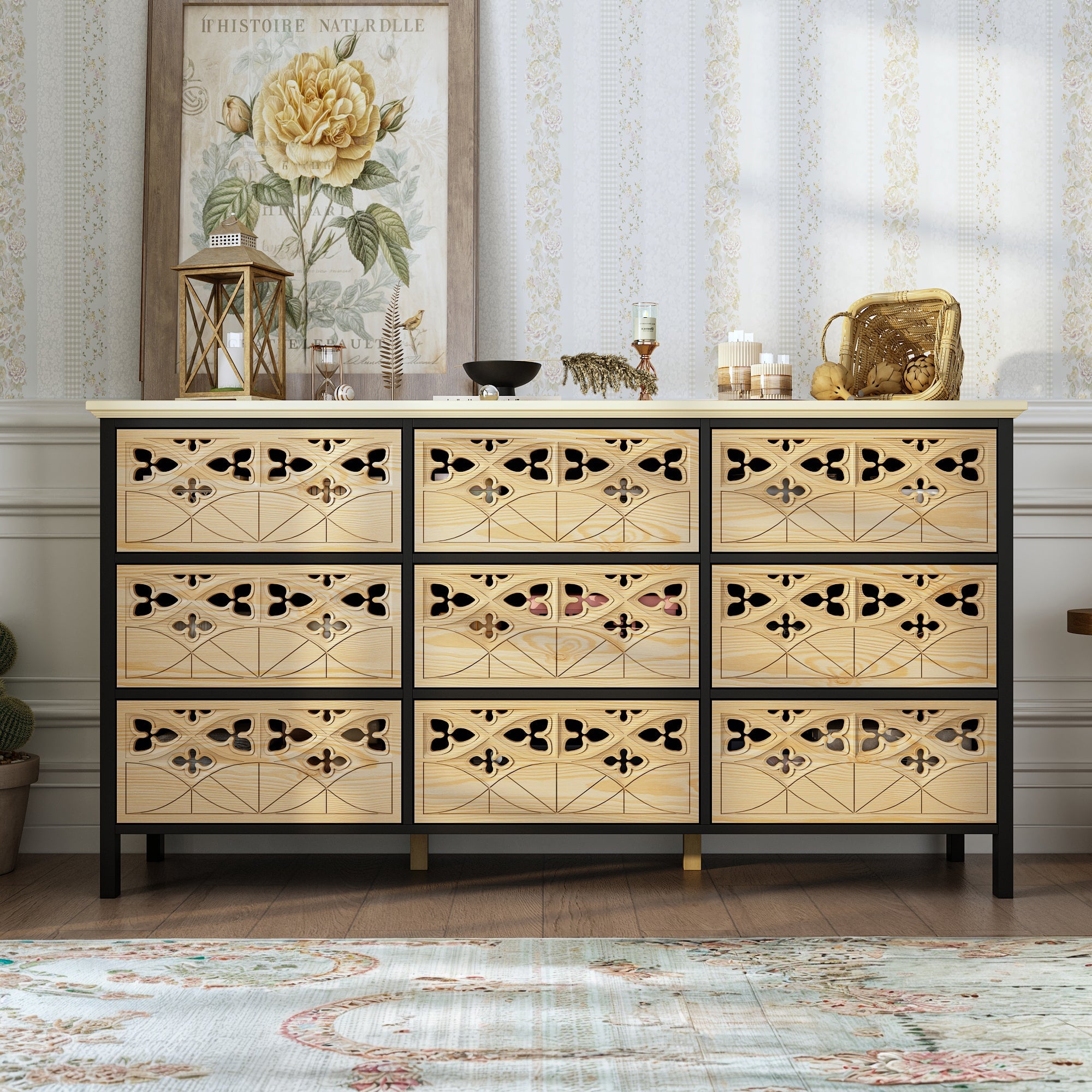 Exquisite Carved and Hollowed Nine Drawer Cabinet Elegance Meets Function Dresser Chest
