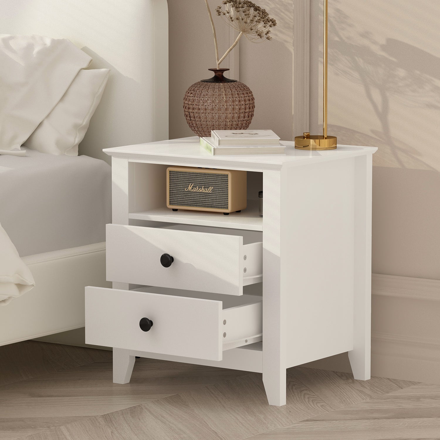 End Table Side Table with 2 Drawers & Shelf Bedside Table Nightstand with Wooden Legs