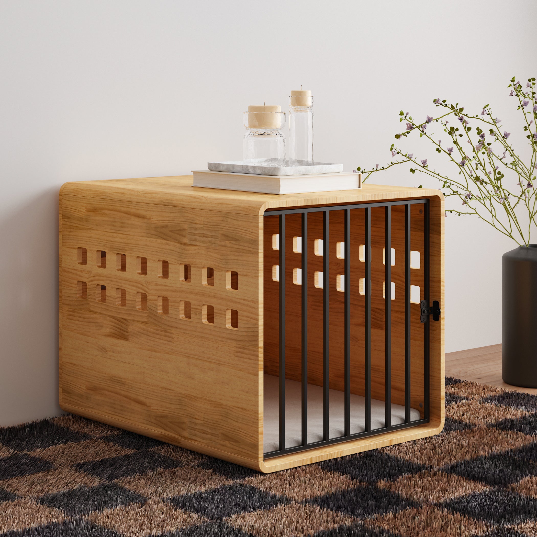 Large Solid Pine Wood Dog Crate With Stainless Steel Latch And Ventilation