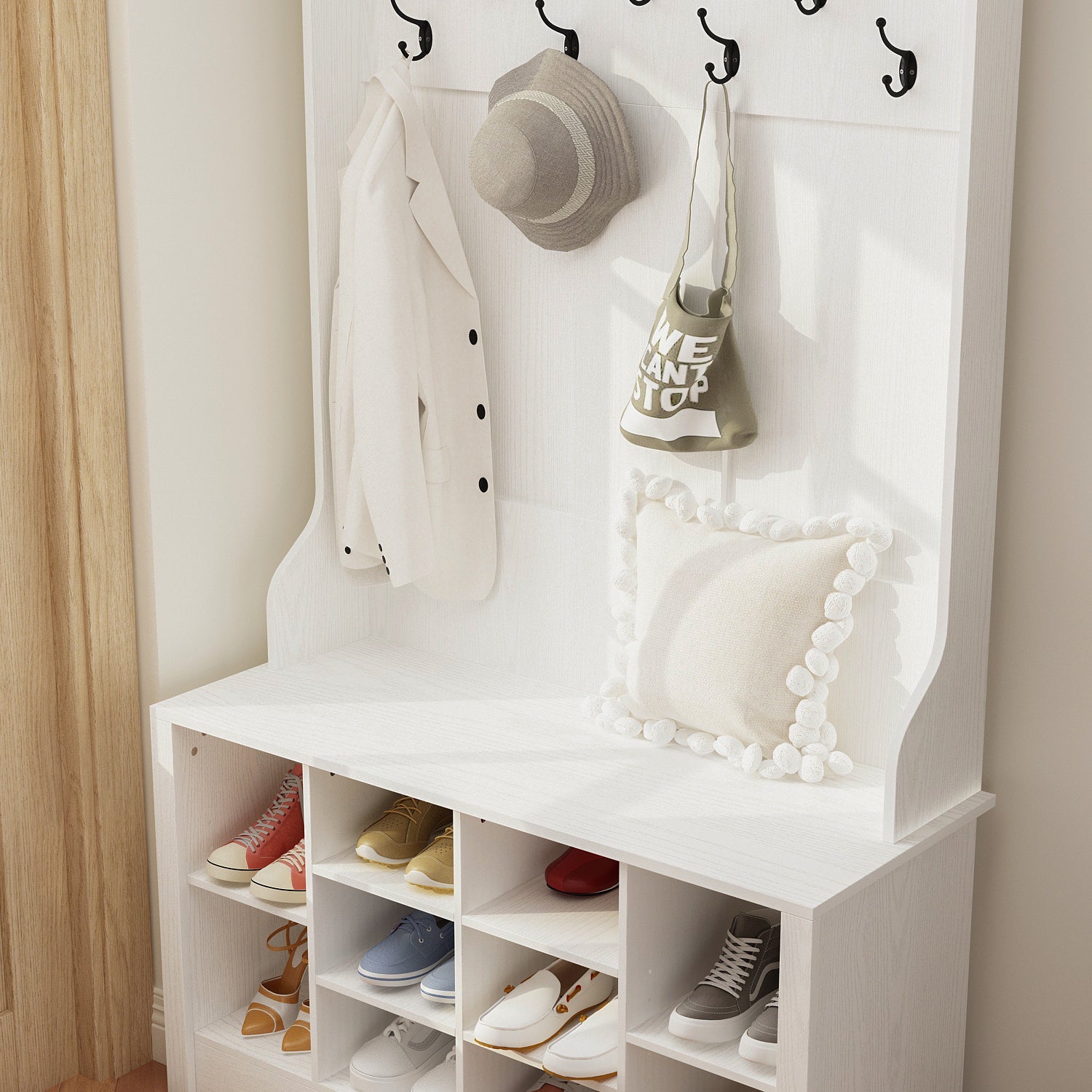 Hall Tree Shoe Storage Rack Bench Cabinet with Hooks for Entryway