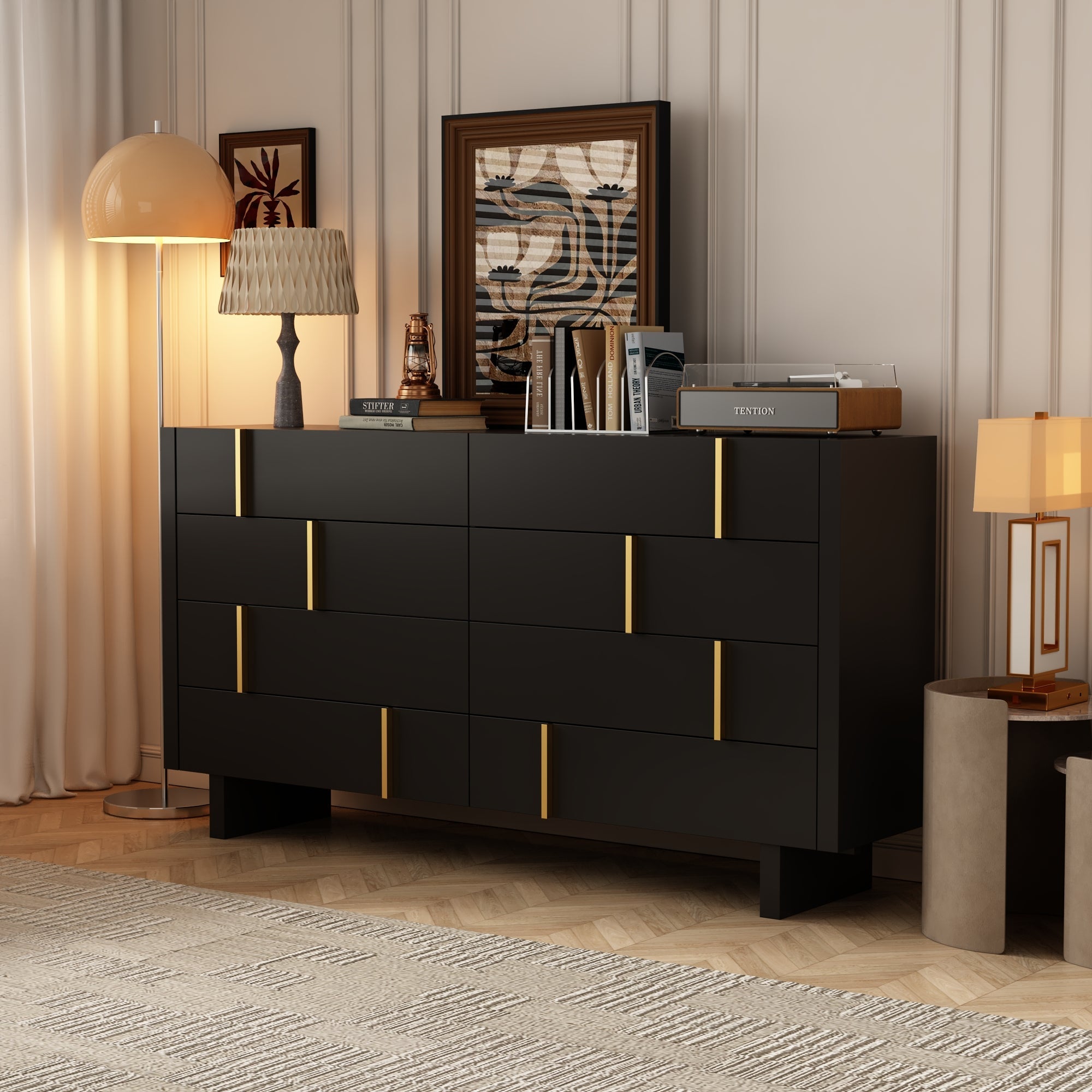 70.9 inches Modern Black Dresser With 8 Drawers And Gold Accents