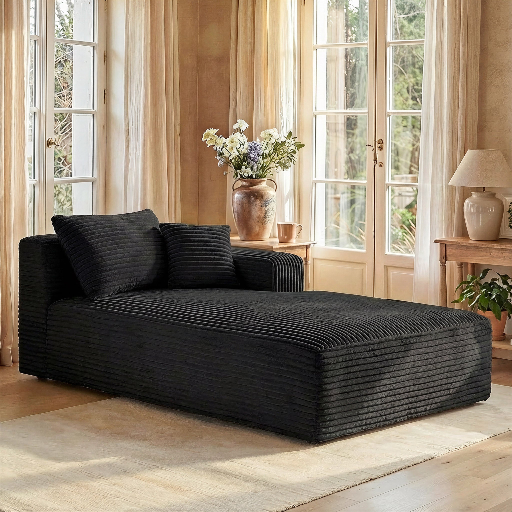 Upholstered Arm Sofa Chaise With Two Pillows