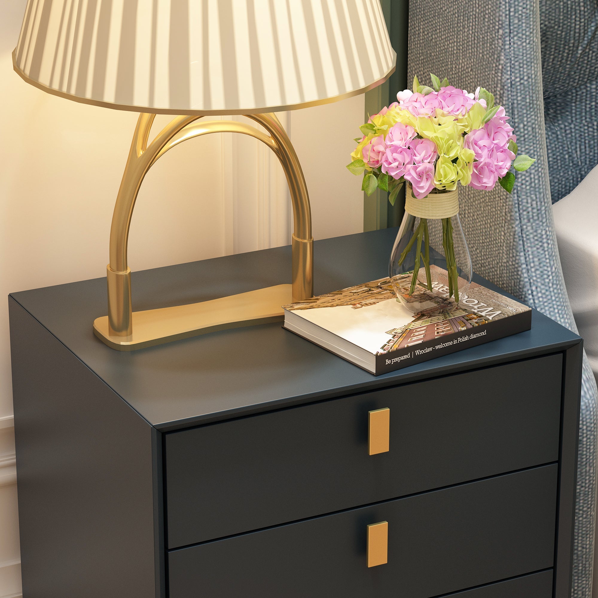 Nightstand Dresser Black End Table in Gold Metal Legs with 3 Drawers