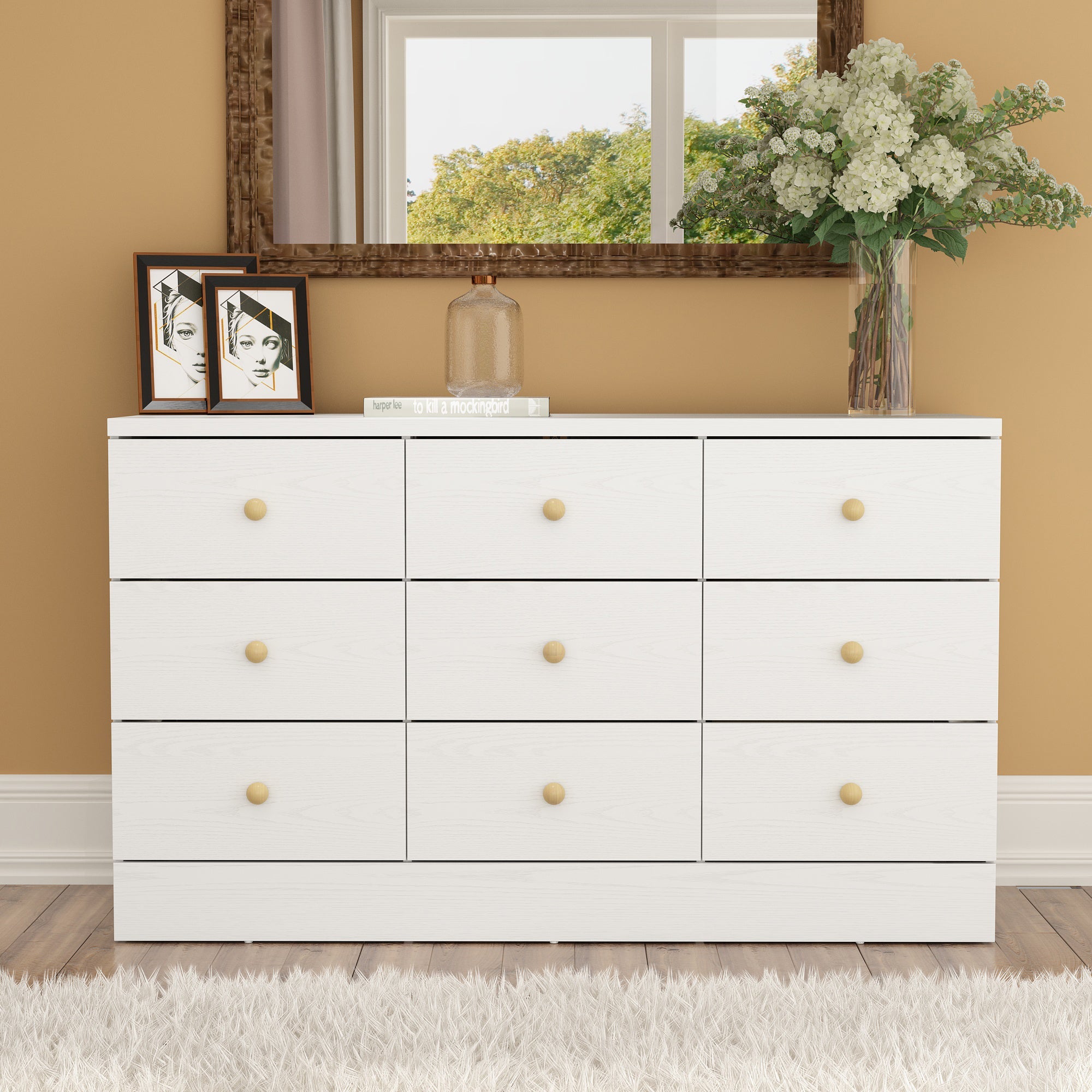 white modern dresser FUFU&GAGA White 9 Drawers 47.2 in. W Wooden Dresser without Mirror, Storage Cabinet, Chest of Drawers, Sideboard