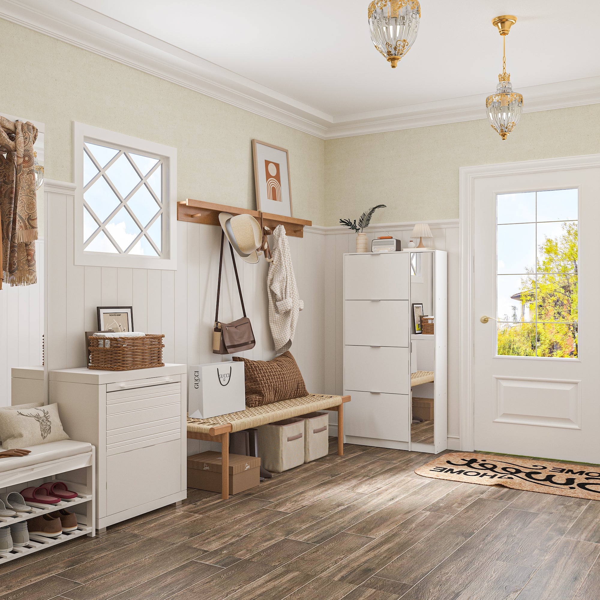 31.5 inch Modern White Flip-Down Shoe Cabinet with 3 Tiers & 28 Pair Capacity