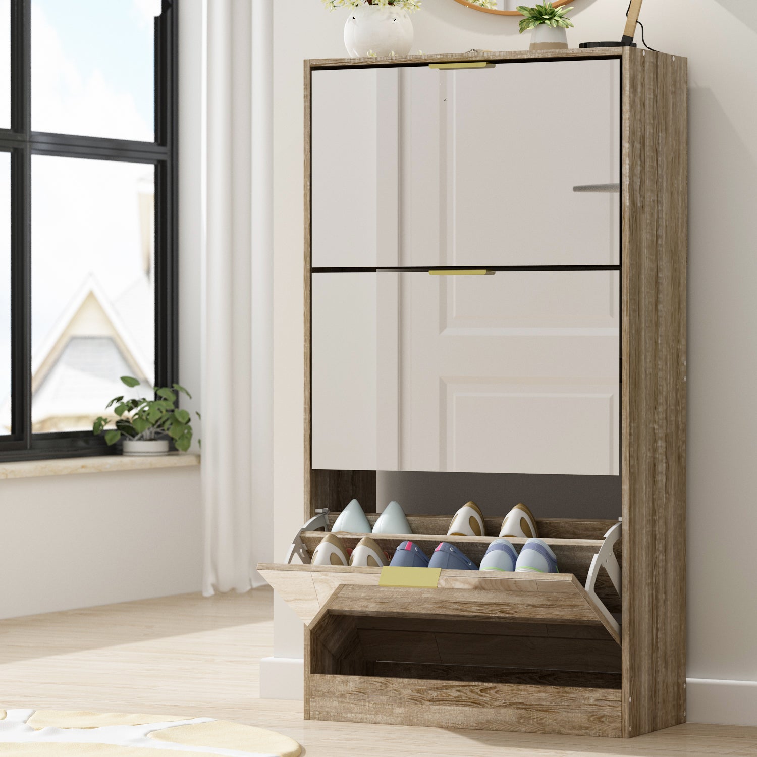 Entryway Shoe Storage Cabinet with 3 Flip Drawers Wood Shoe Cabinet Shoe Organizer with Mirrored Front