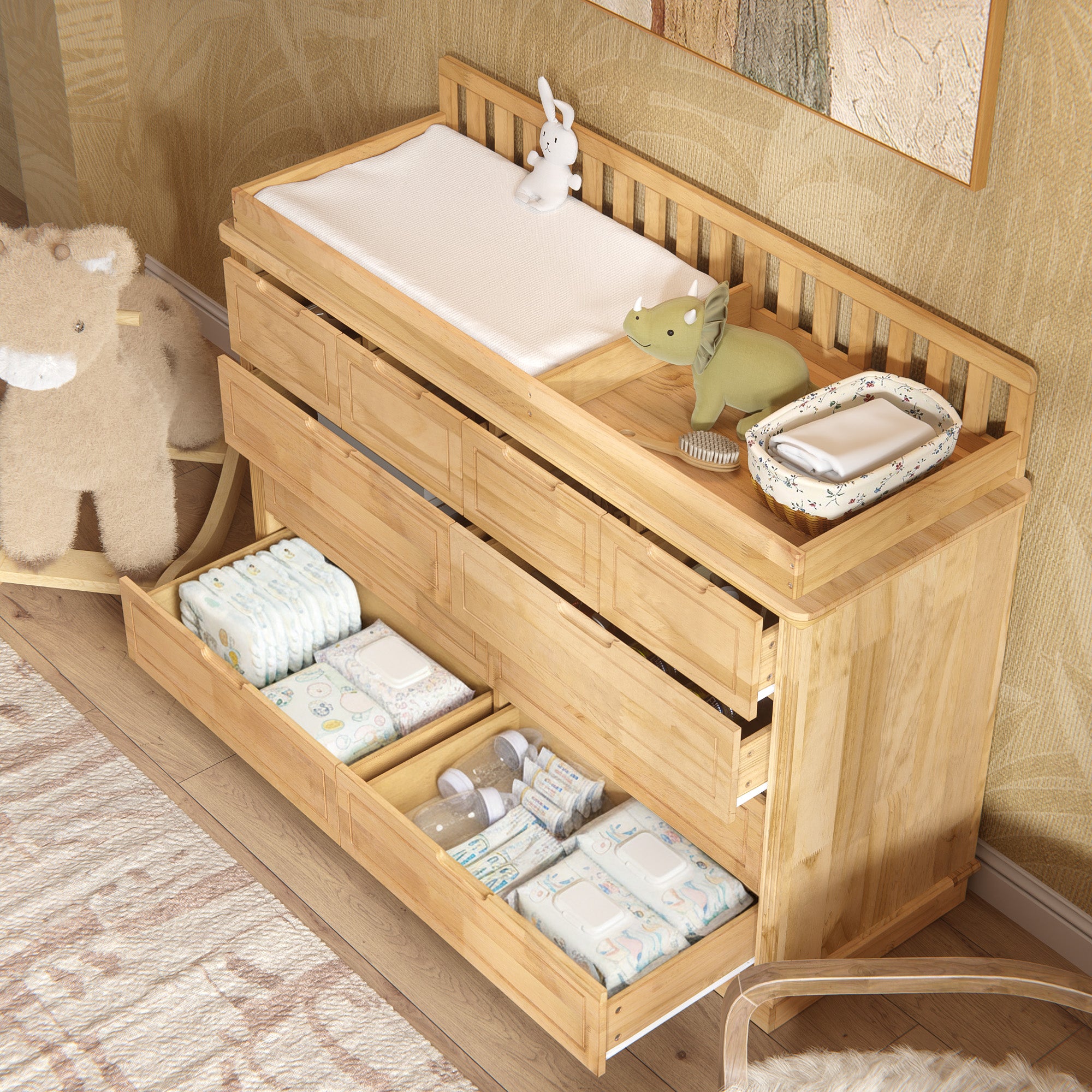 Wood changing table dresser with removable changing topper and multiple drawers