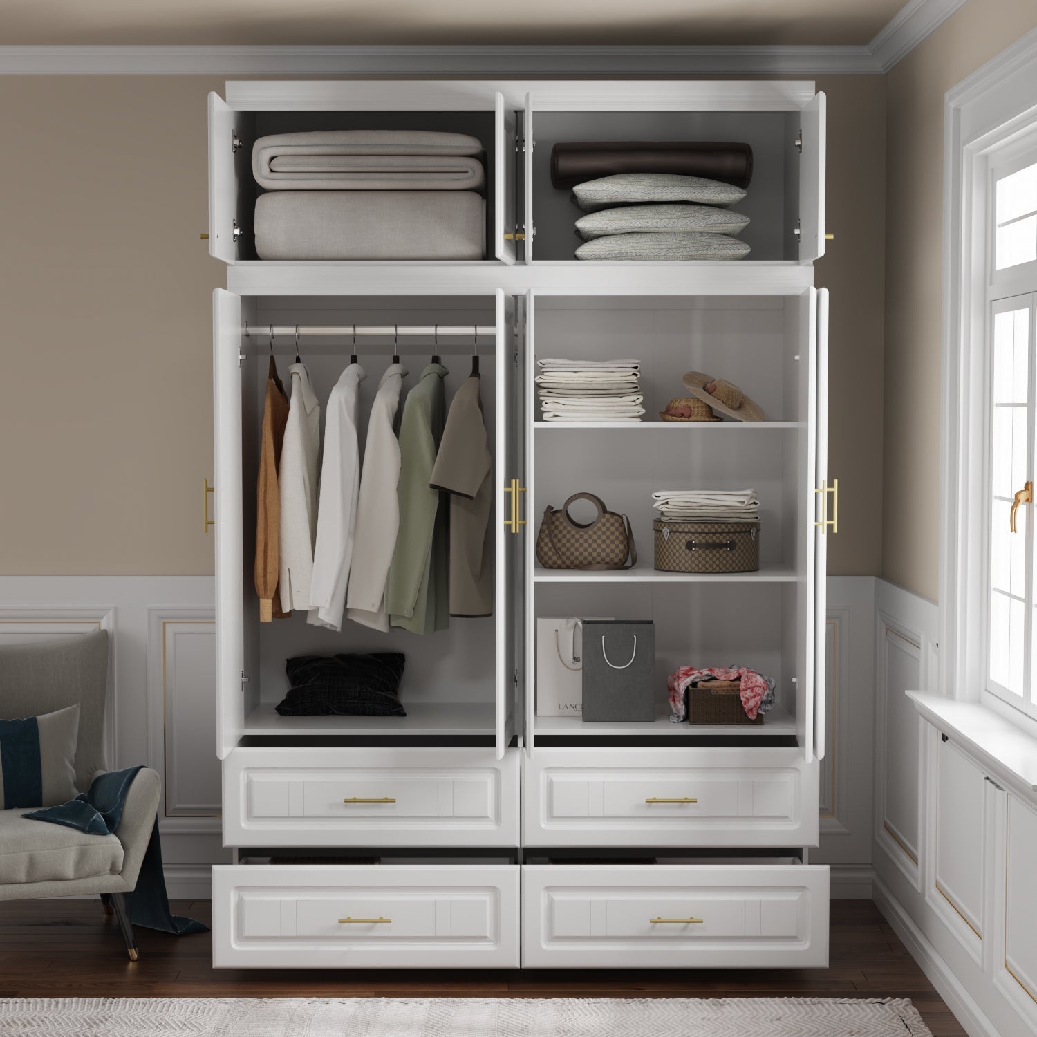 Family Cabinet Wardrobe Bedroom Armoire Home Closet 4 Doors and Drawers