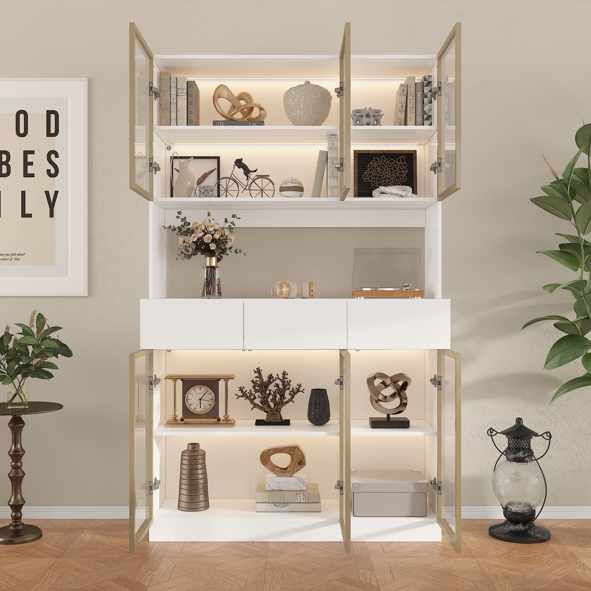 Three Drawers Bathroom Linen Cabinet With Tempered Glass Doors And Light