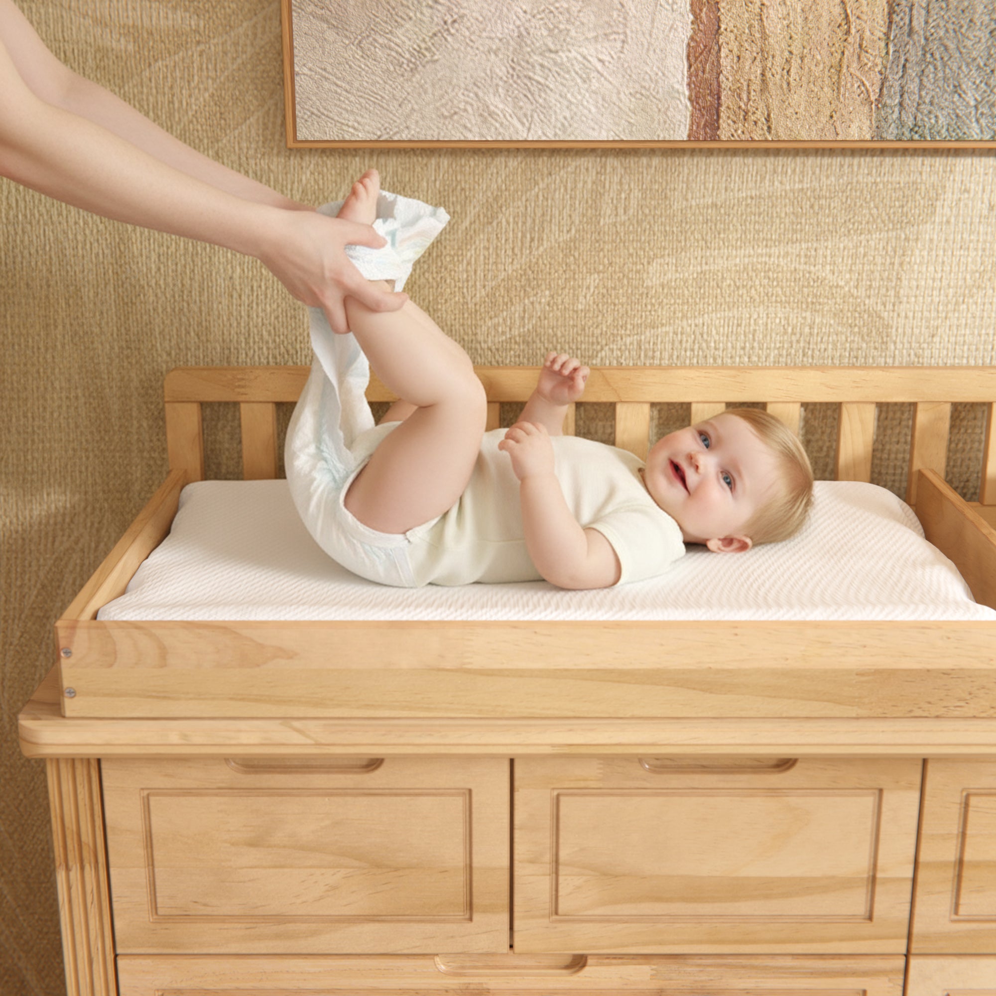 Wood changing table dresser with removable changing topper and multiple drawers