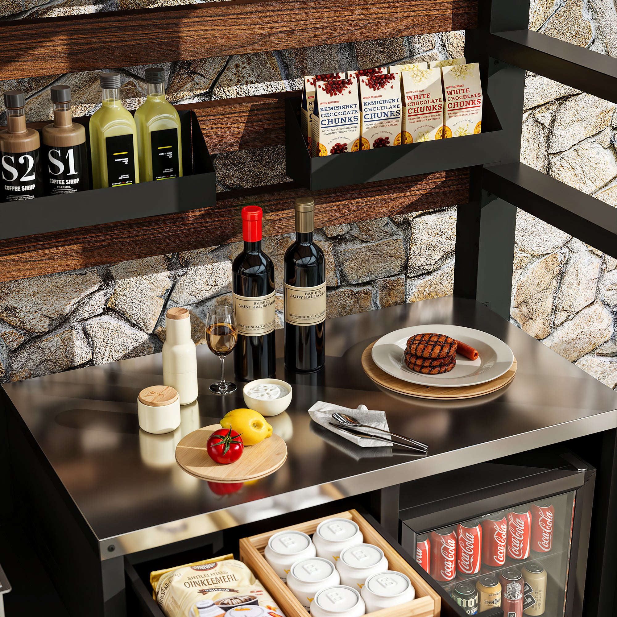 Bar setup with wine bottles, snacks, and a stone wall background