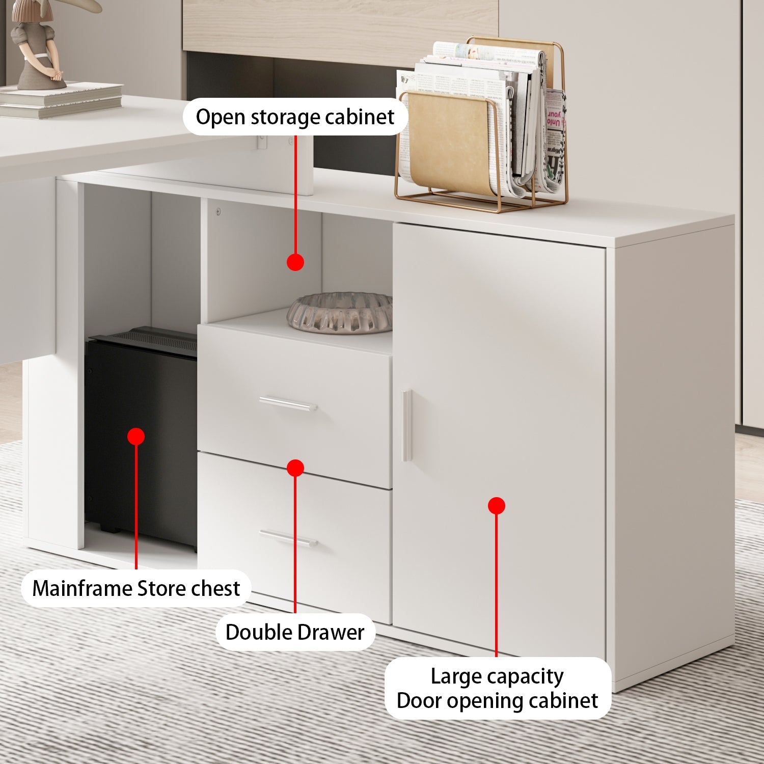 L-Shaped Computer Desk Writing and Gaming Desk with Drawers and Shelves for Home Office