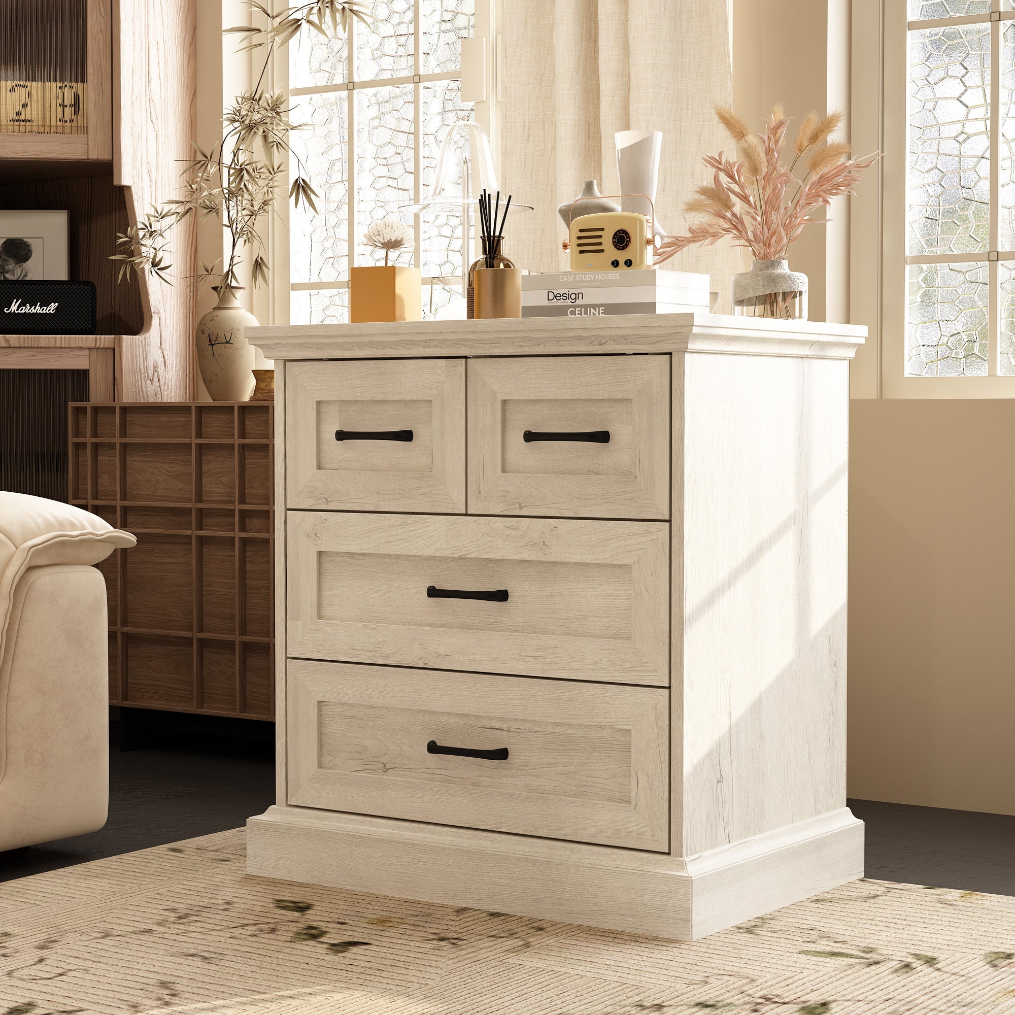 Modern Rustic Accent Chest With Four Drawers, Black Metal Handles – Distressed Light Oak