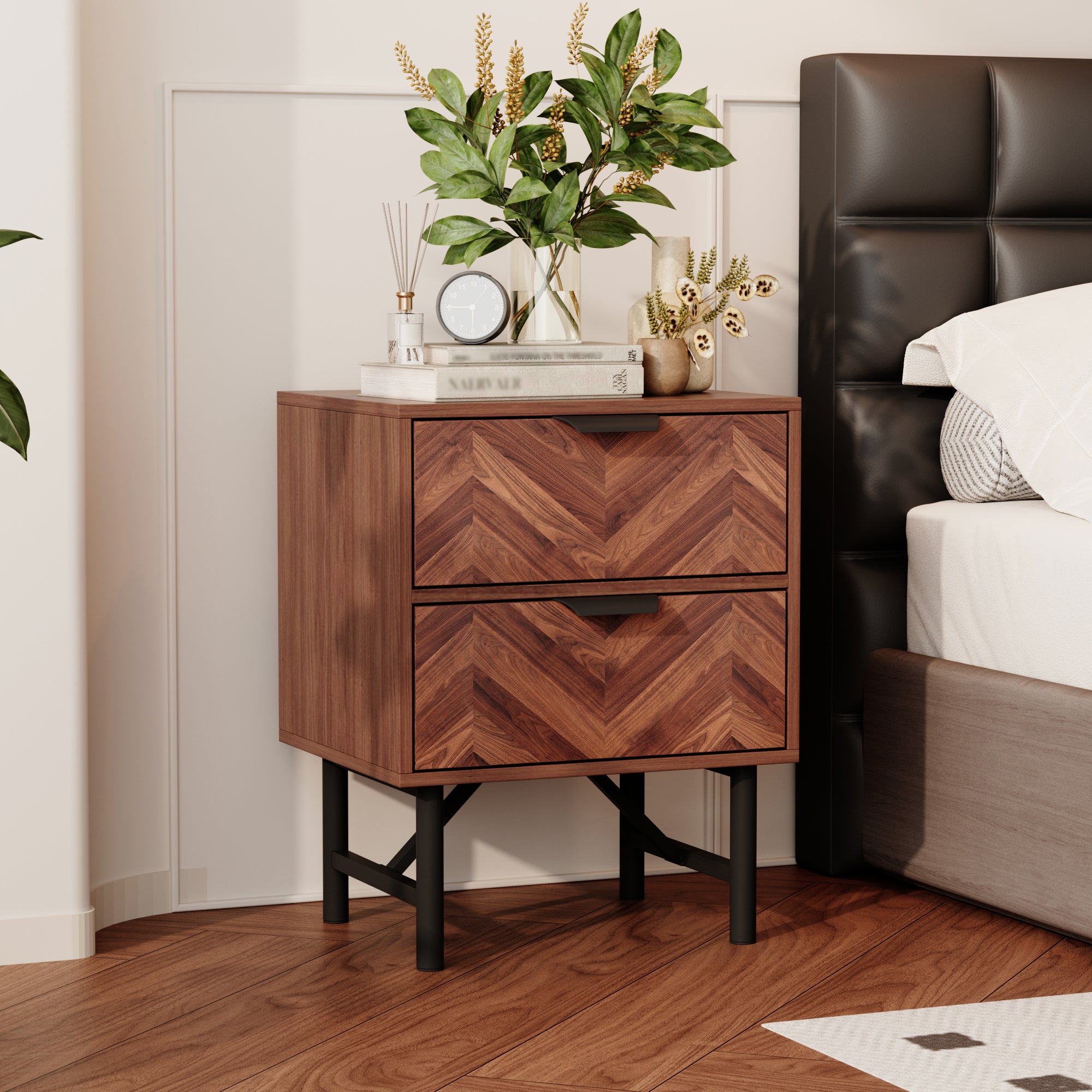 18.9" Rustic Brown Wood Grain 2-Drawer Bedside Table Nightstand