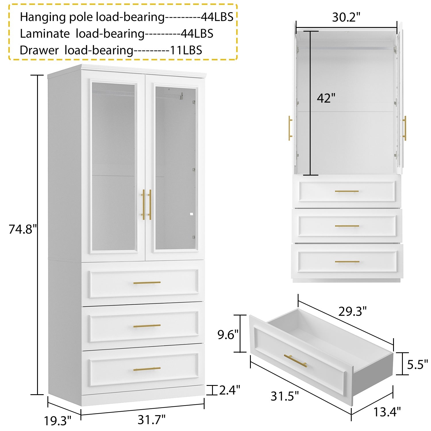 74.9'' H 6 Glass Door Armoire w/ Hanging Rod & 3 Drawers